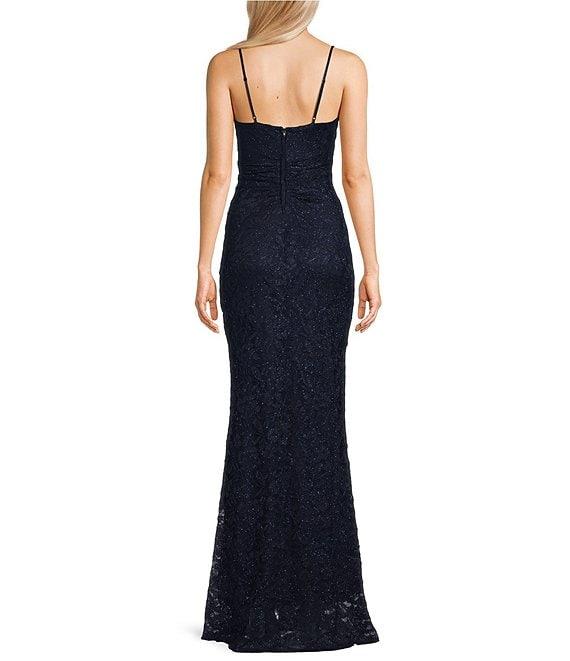 Honey and Rosie Glittered Stretch Lace Square Neck Criss Cross Mesh Insert Front Slit Dress Product Image