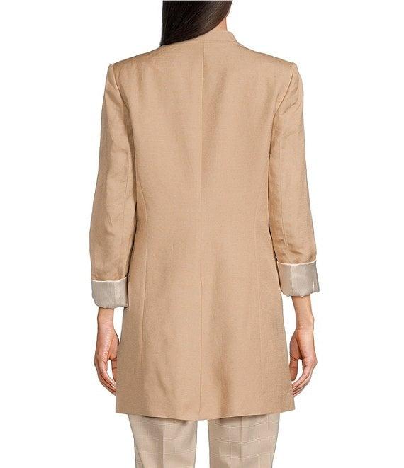 Calvin Klein Linen Blend Contrast Lining Long Satin Roll-Tab Sleeve Coordinating Open Front Jacket Product Image