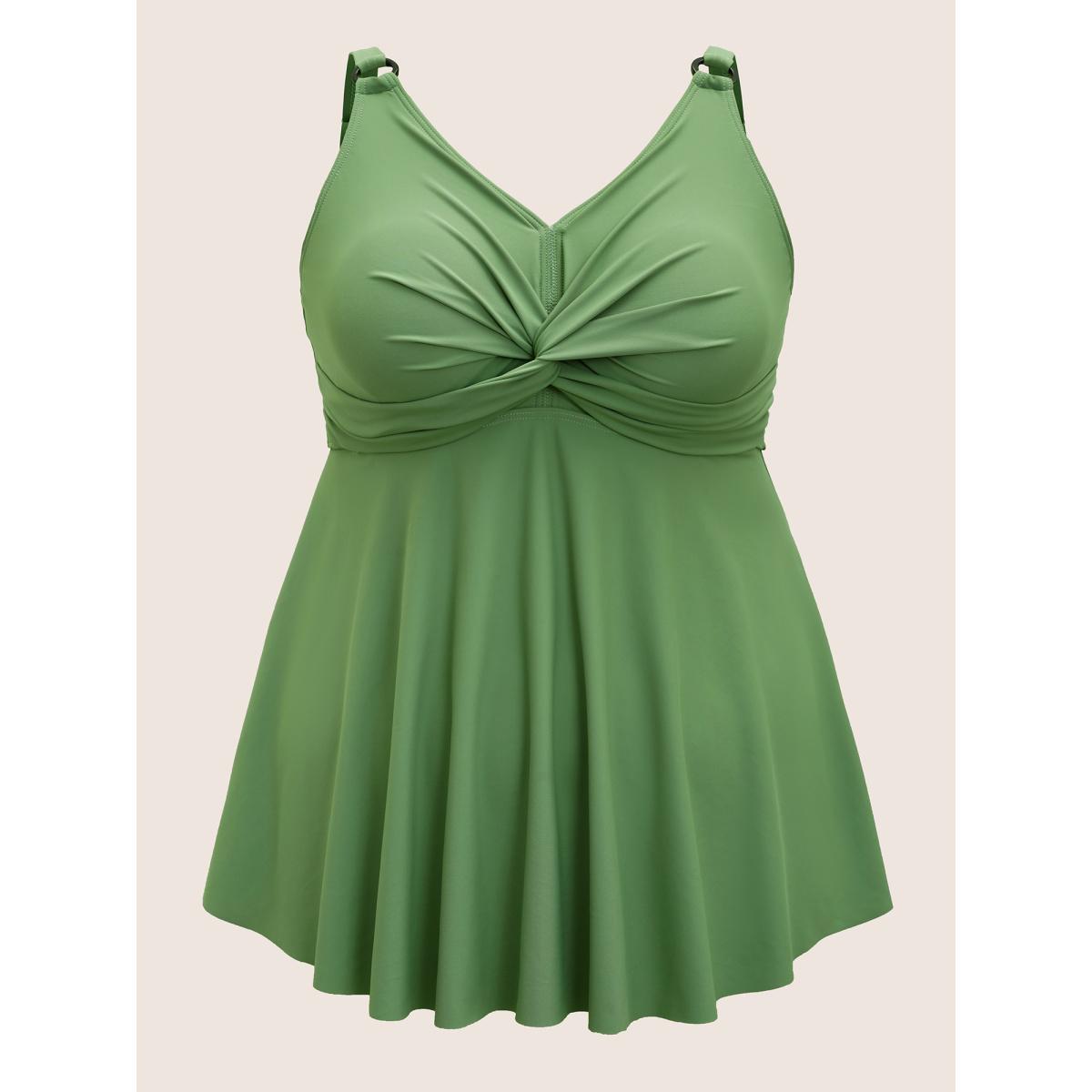 Plus Size Twist Front Round Buckle Detail Swim Top Women's Swimwear Palemauve Beach Twist High stretch Bodycon Heart neckline Curve Swim Tops BloomChic 28/5X Product Image