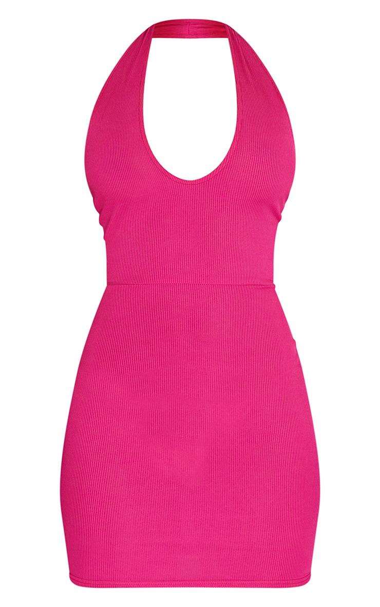 Hot Pink Ribbed Halterneck Tie Back Bodycon Dress Product Image