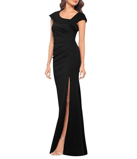 Xscape Asymmetrical Neckline Cap Sleeve Ruched Scuba Crepe Sheath Gown Product Image