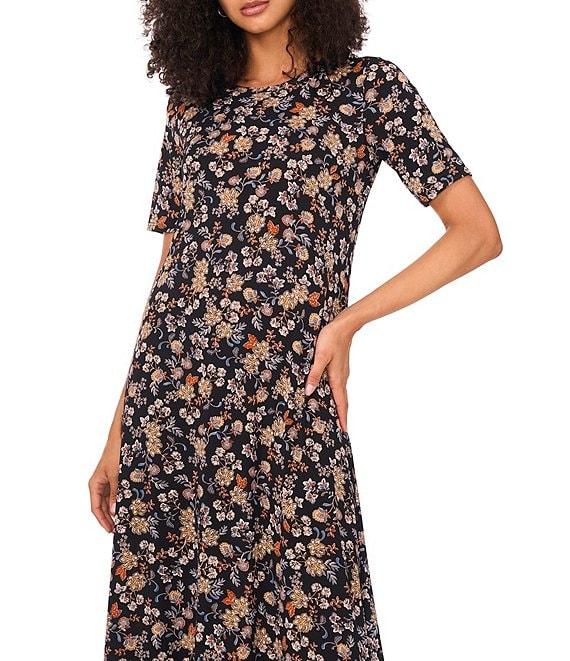 Vince Camuto Woven Floral Print Round Neck 3/4 Sleeve Maxi A-Line Dress Product Image