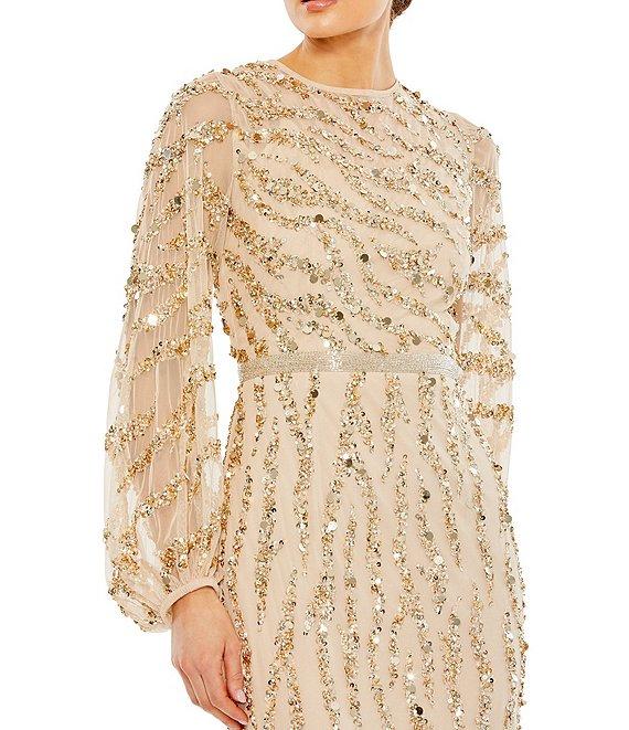 Mac Duggal Beaded Sequin High Crew Neck Long Sheer Puff Sleeve Gown Product Image