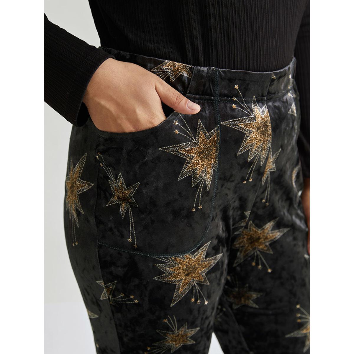 Plus Size Star Elastic Waist Velvet High Rise Bootcut Pants Women Black Elegant Bootcut High Rise Festival-Christmas Pants BloomChic 10/M Product Image