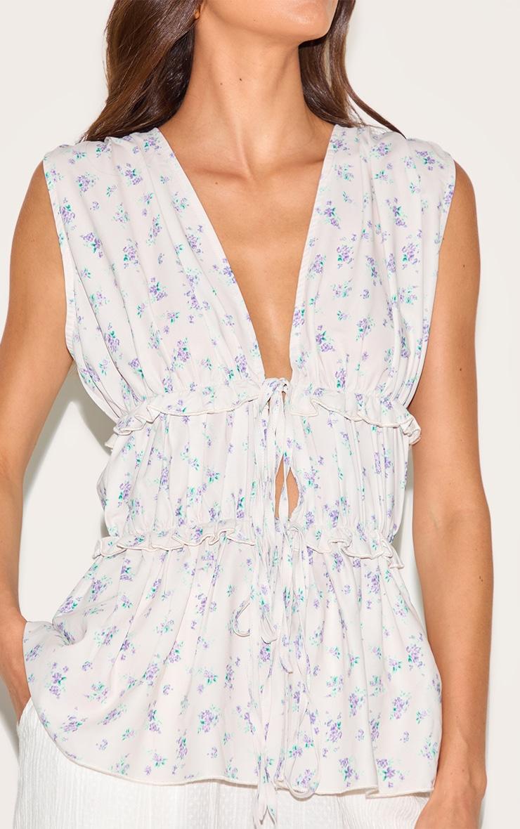 Cream Floral Chiffon Tie Front Top Product Image