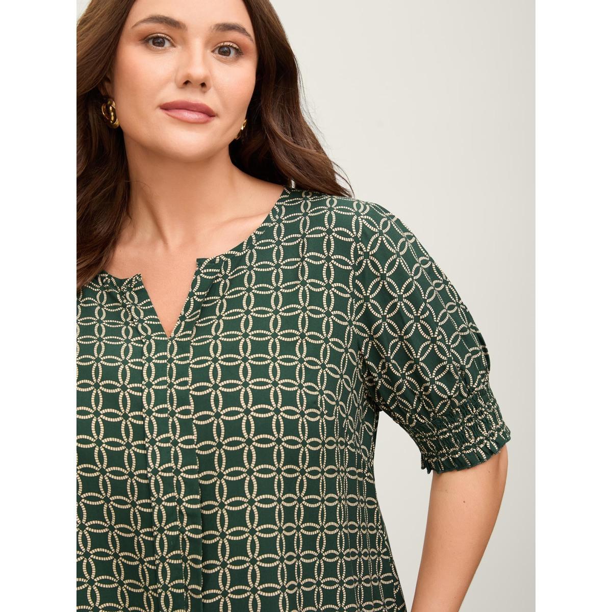 Plus Size DarkGreen Floral Shirred Split Neckline Blouse Women Short sleeve Flat collar with V-notch Work Blouses BloomChic 26/4X Product Image