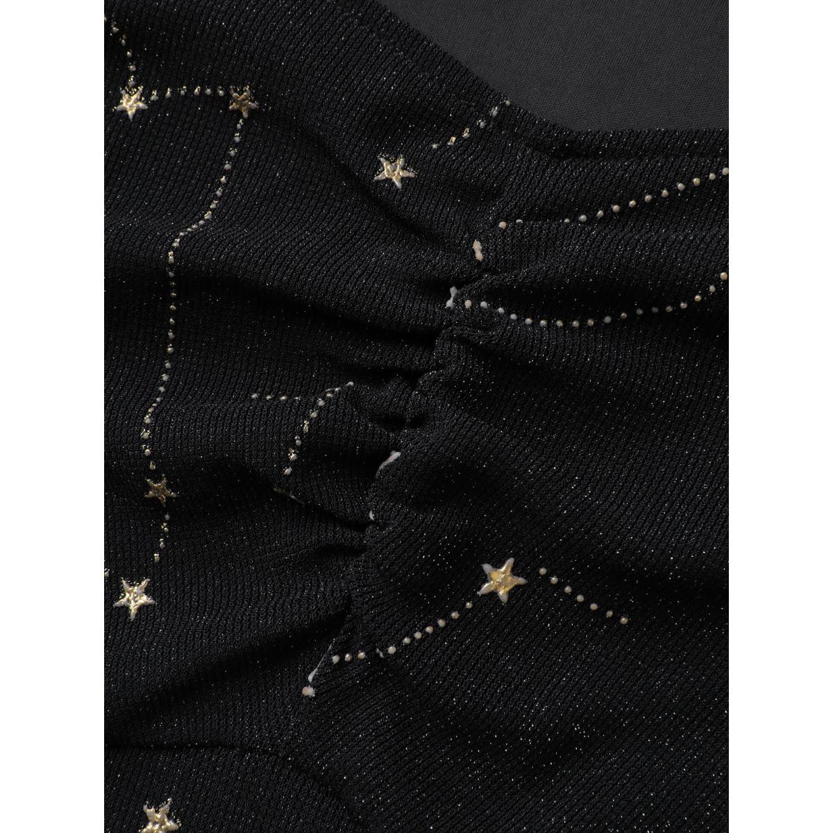 Plus Size Starry Silk Mesh Flared Sleeve Midi Dress Black Women Romantic Gathered Heart neckline Long Sleeve Curvy BloomChic 26/4X Product Image