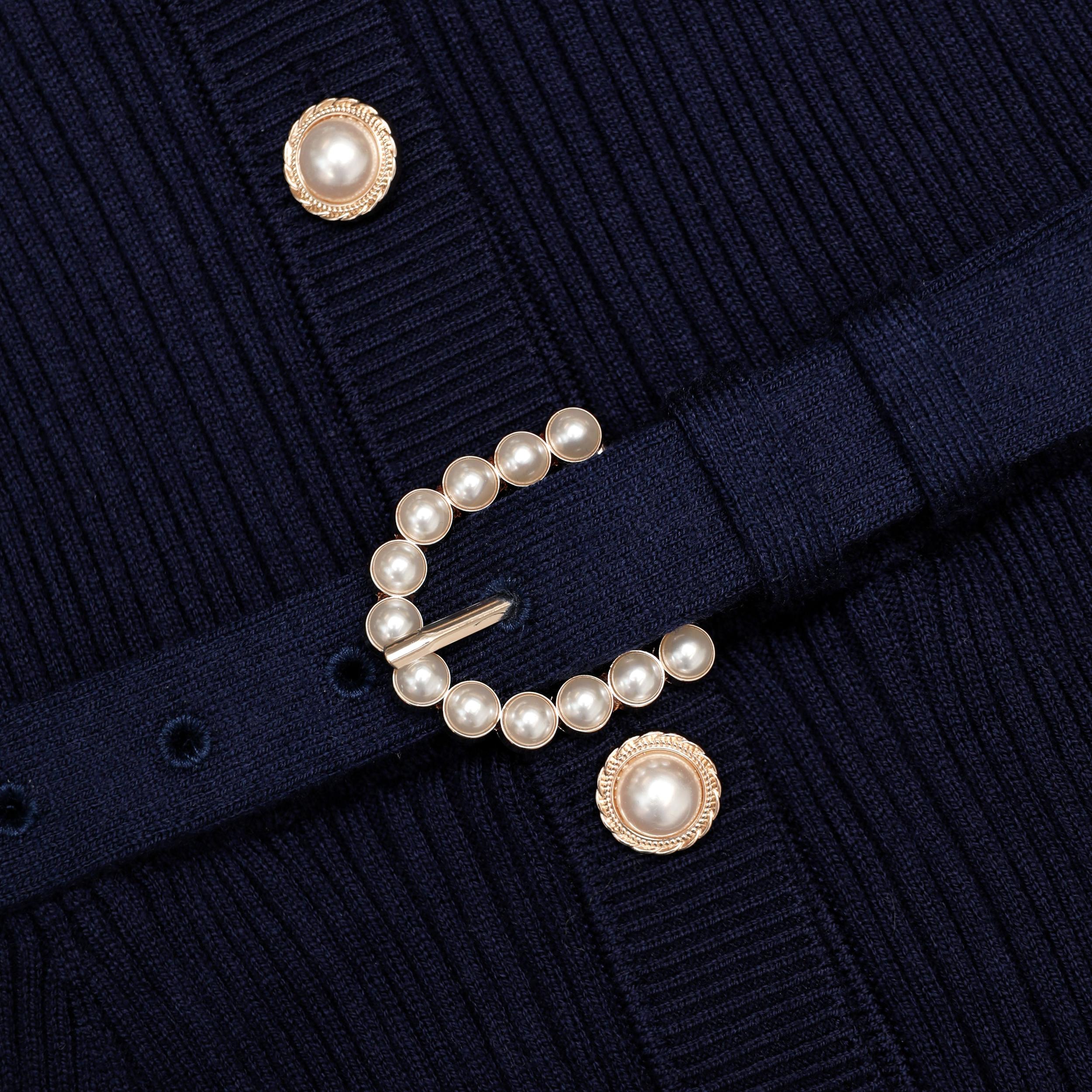 Navy Ribbed Knit Contrast Midi Dress Product Image