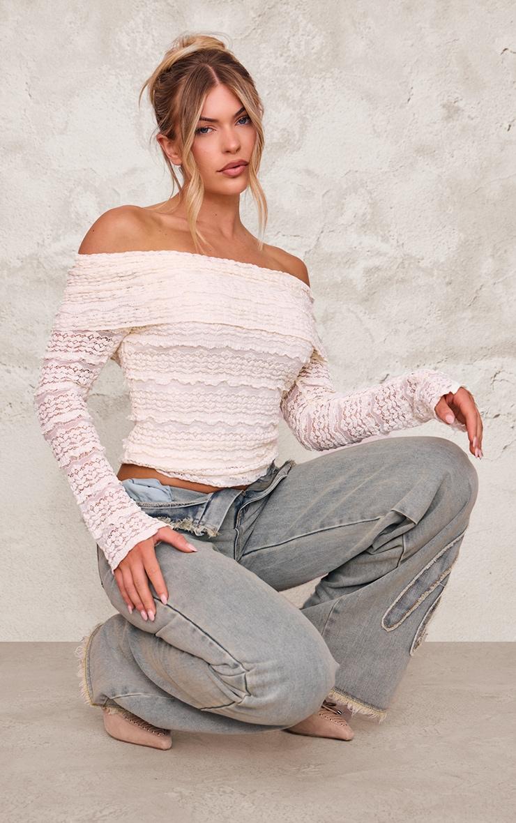 Cream Textured Bardot Long Top Product Image