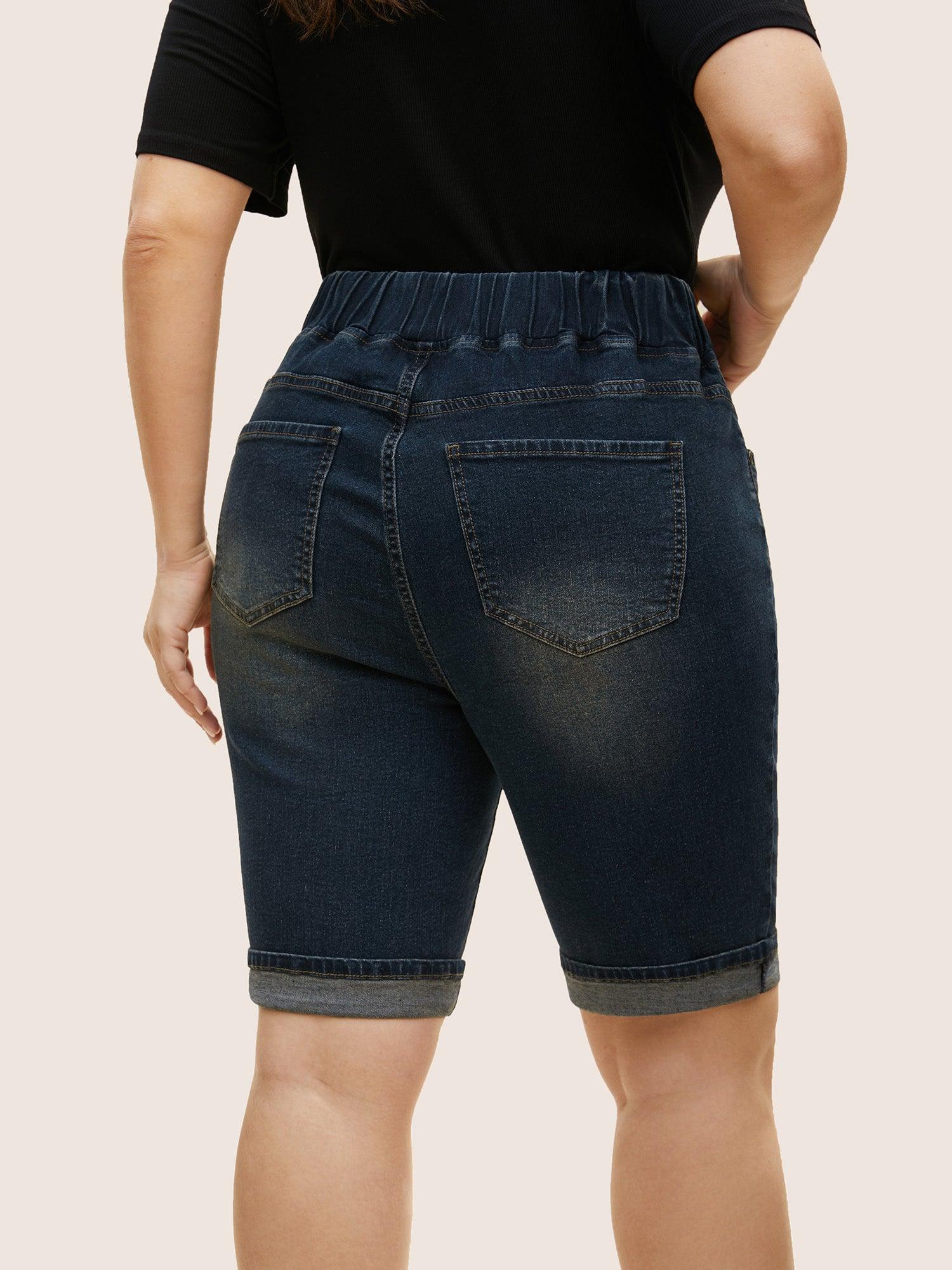 Dark Wash Distressed Roll Hem Denim Shorts Female Product Image