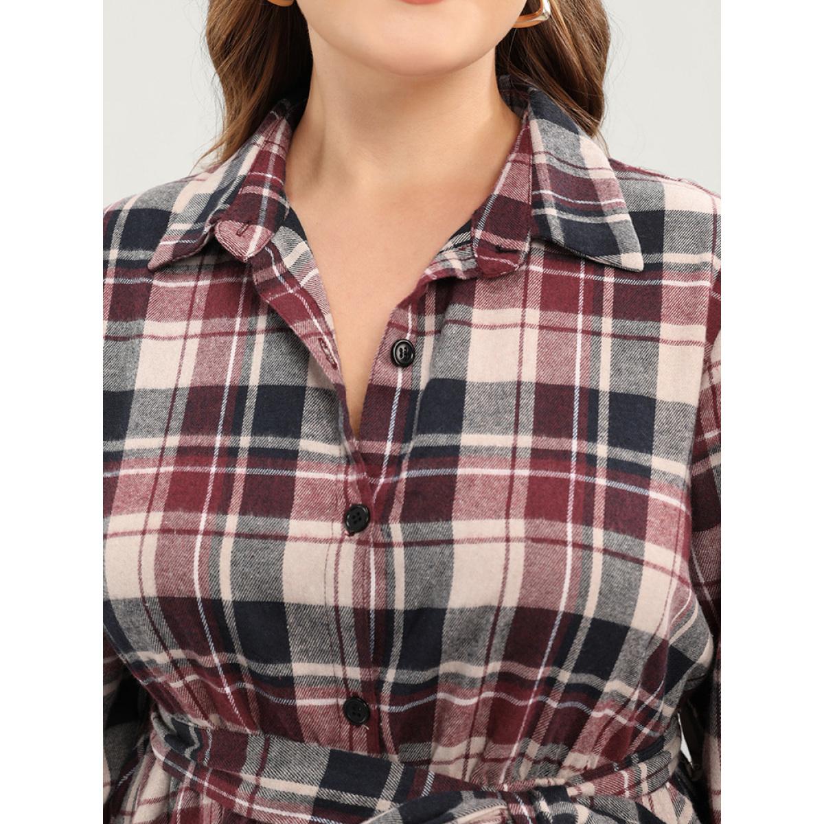 Plus Size Plaid Shirt Collar Pocket Belted Lantern Sleeve Button Up Dress Burgundy Women Elegant Shirt collar Long Sleeve Curvy Midi Dress BloomChic 28/5X Product Image