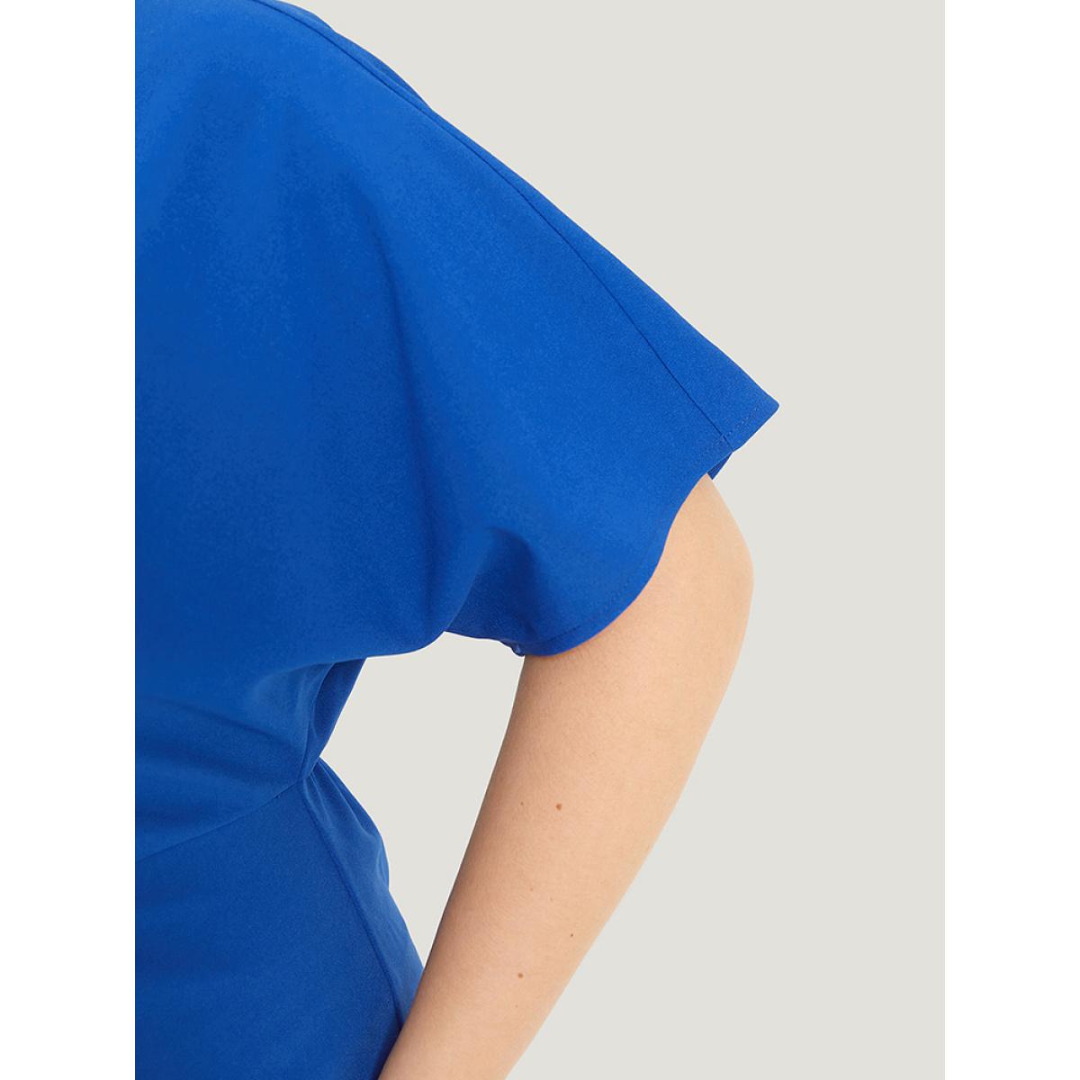 Plus Size Plain Shawl Neck Pleated Batwing Sleeve Dress Blue Women Glamour Plain V-neck Short sleeve Curvy Knee Dress BloomChic 12/L Product Image