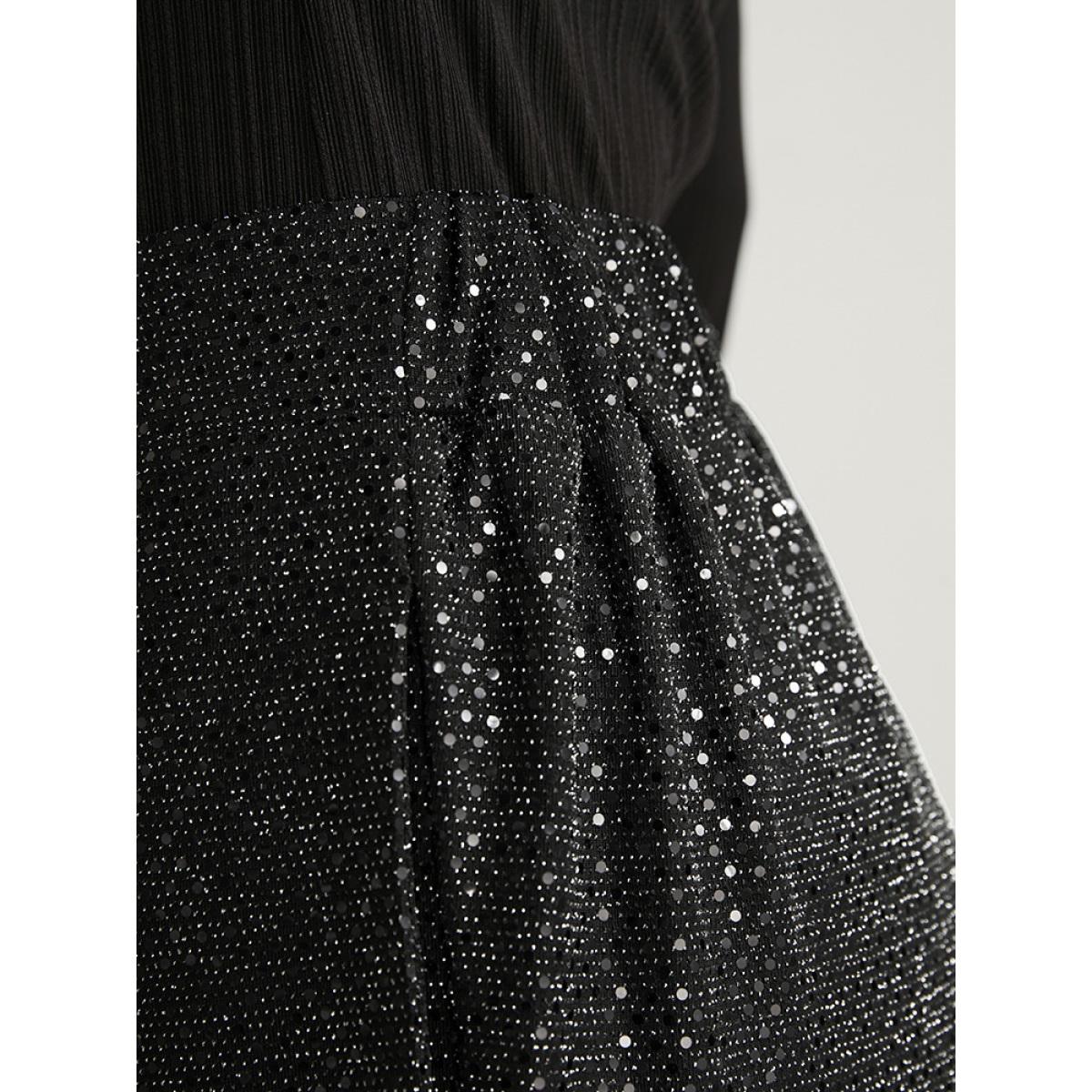 Plus Size Sequin Elastic Waist Pocket Split Hem Pants Women Black Office High Rise Office Pants BloomChic 18-20/2X Product Image