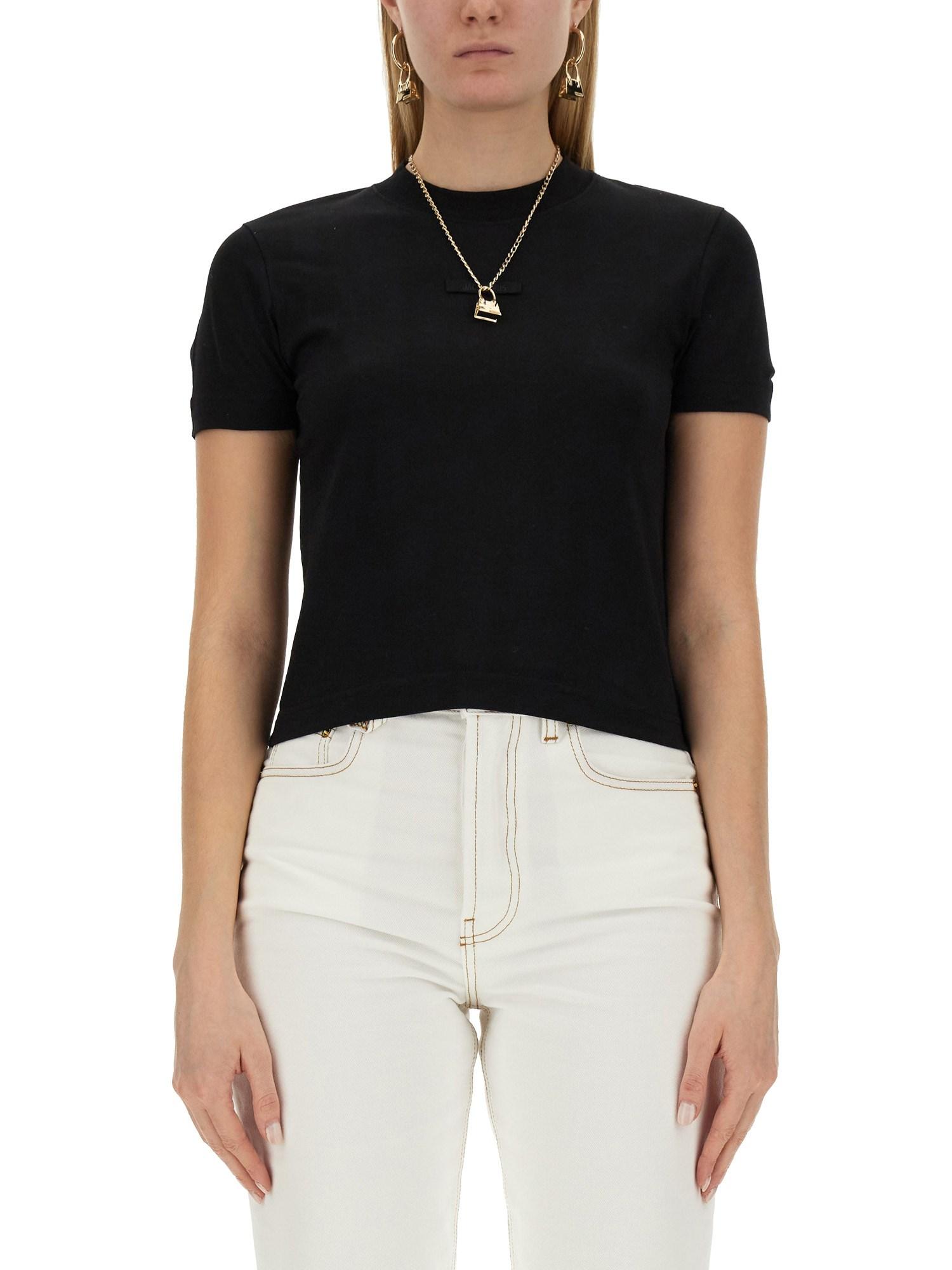 JACQUEMUS Black Fitted T-shirt With Logo Patch In Stretch Cotton Woman Product Image