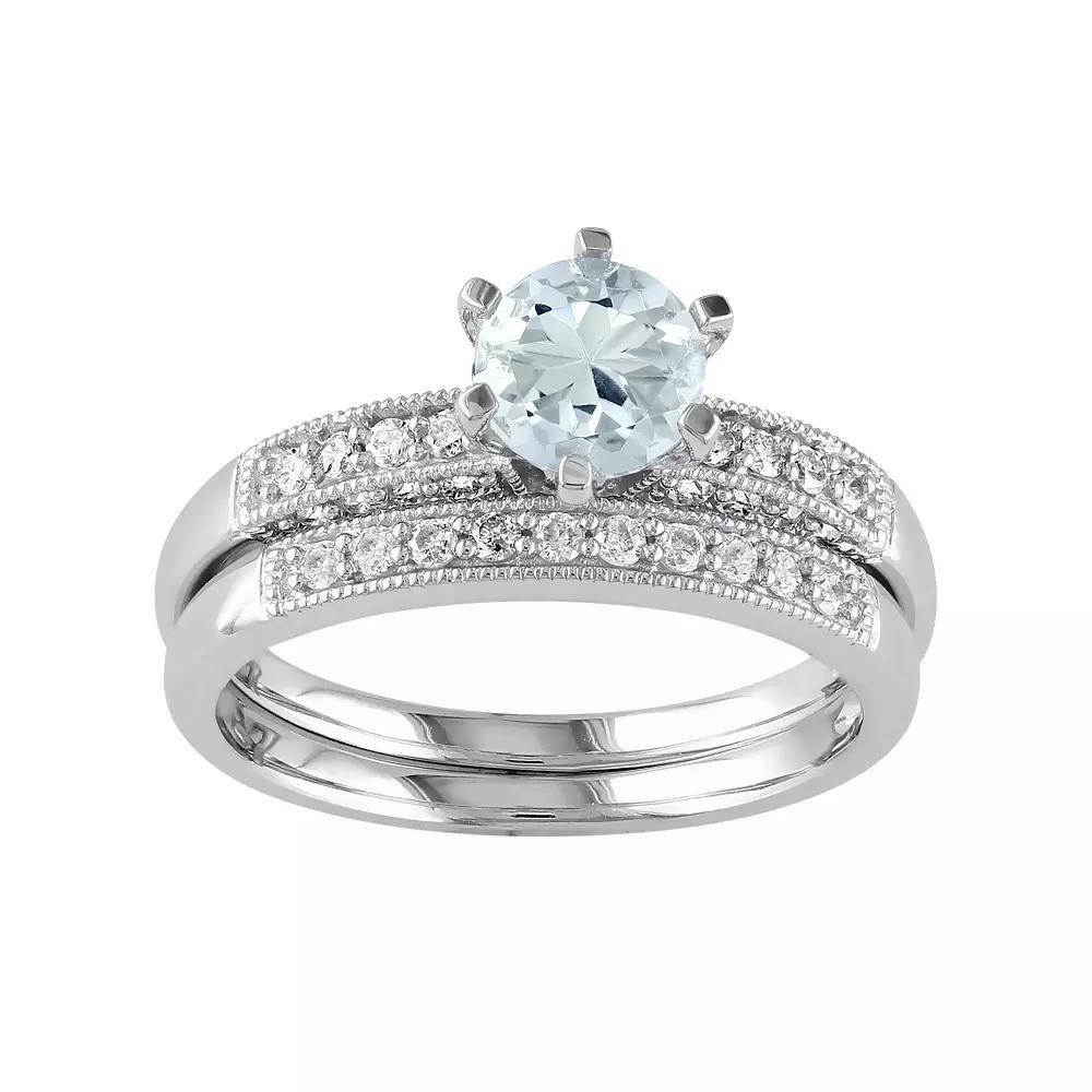 Stella Grace 10k White Gold Aquamarine & 1/3 Carat T.W. Diamond Engagement Ring Set, Women's, Size: 6, Blue Product Image