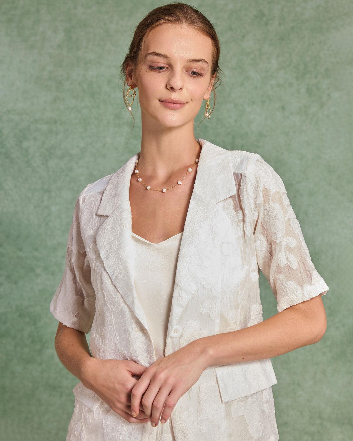 Beige Jacquard Blouse Shorts Two-Piece Set Product Image