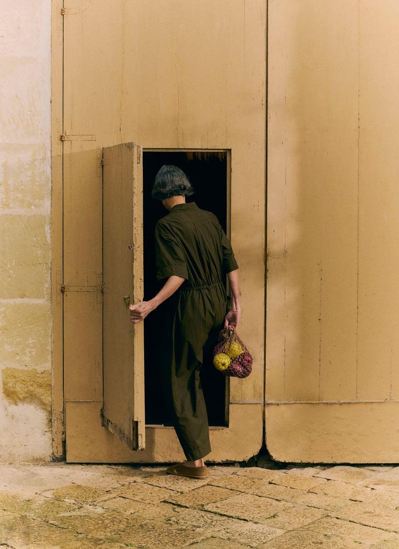 Wide Leg Cotton Poplin Jumpsuit | Bronze Green Product Image