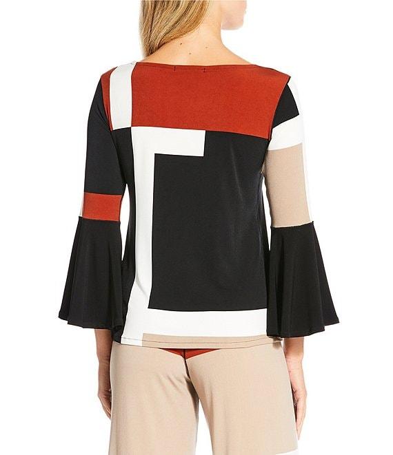 Eva Varro Coordinating Colorblock Boat Neck Long Flared Bell Sleeve Top Product Image