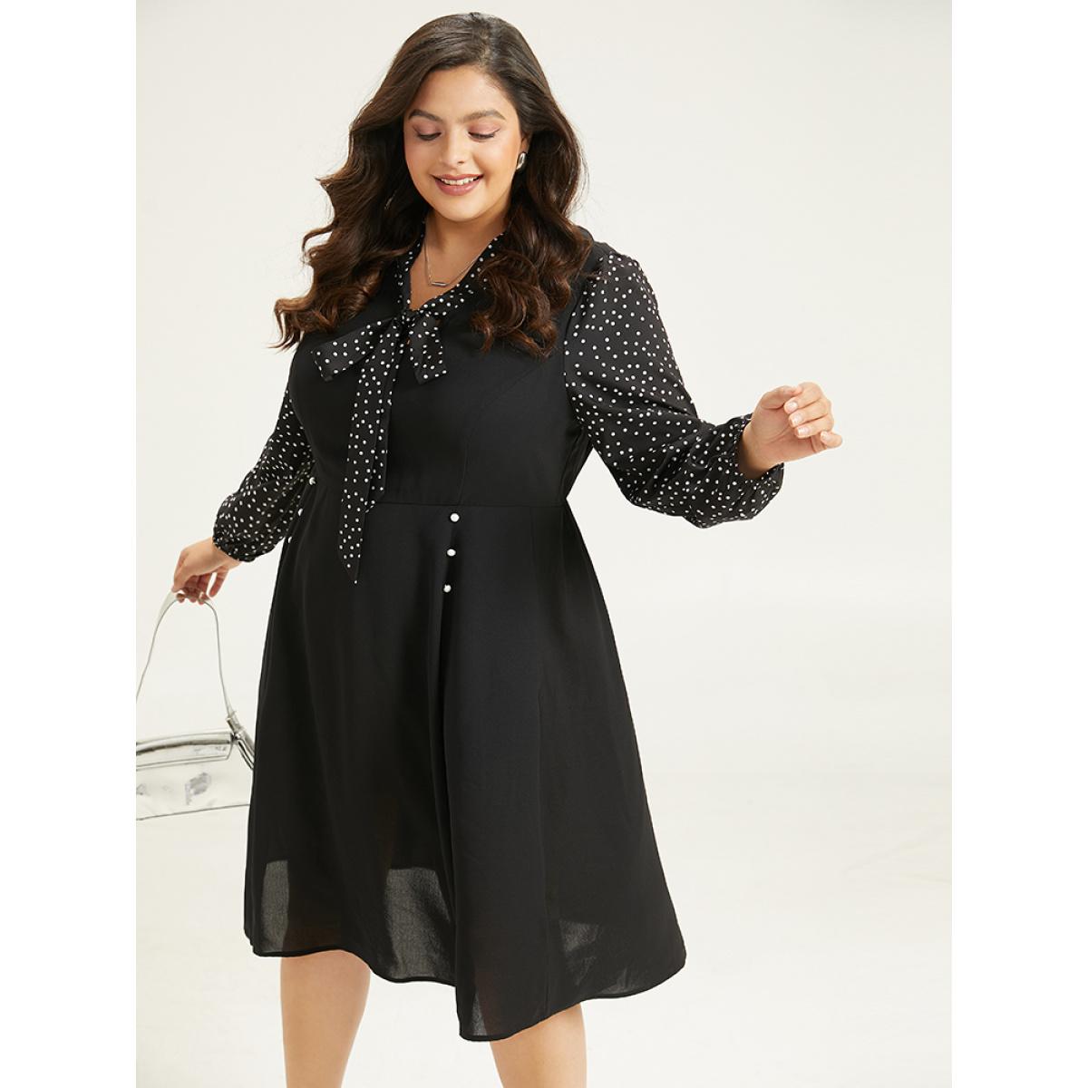 Plus Size Polka Dot Ties Pocket Button Detail Dress Black Women Office Elastic cuffs Tie Neck Long Sleeve Curvy Knee Dress BloomChic 14-16/1X Product Image