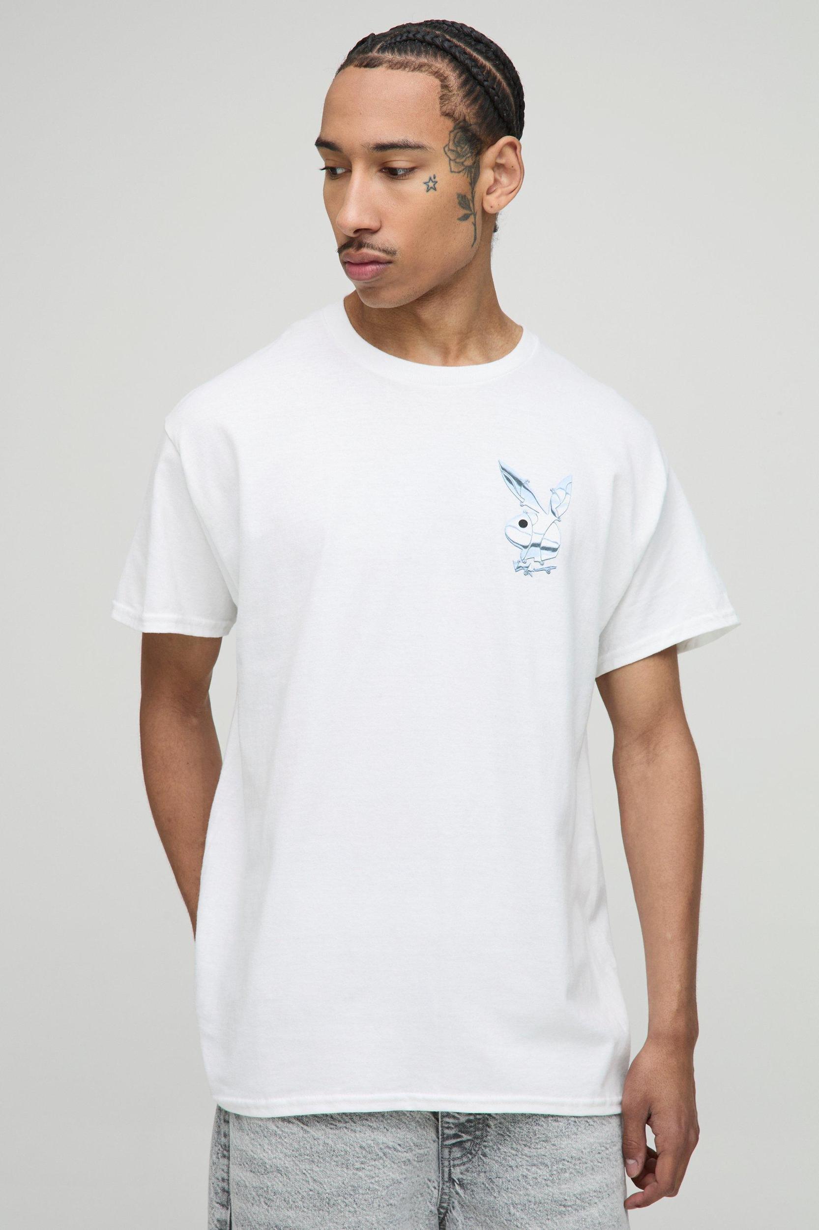 White Oversized Playboy License Printed T-Shirt | boohooMAN USA Product Image