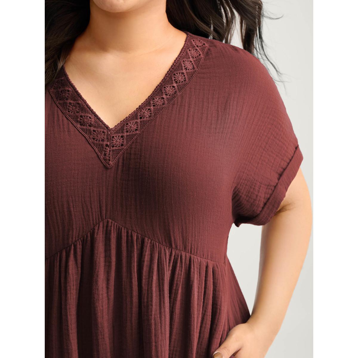 Plus Size Pure Cotton Lace V-Neck Solid Midi Dress Aegean Women Leisure Woven ribbon&lace trim V-neck Short sleeve Curvy BloomChic 14-16/1X Product Image