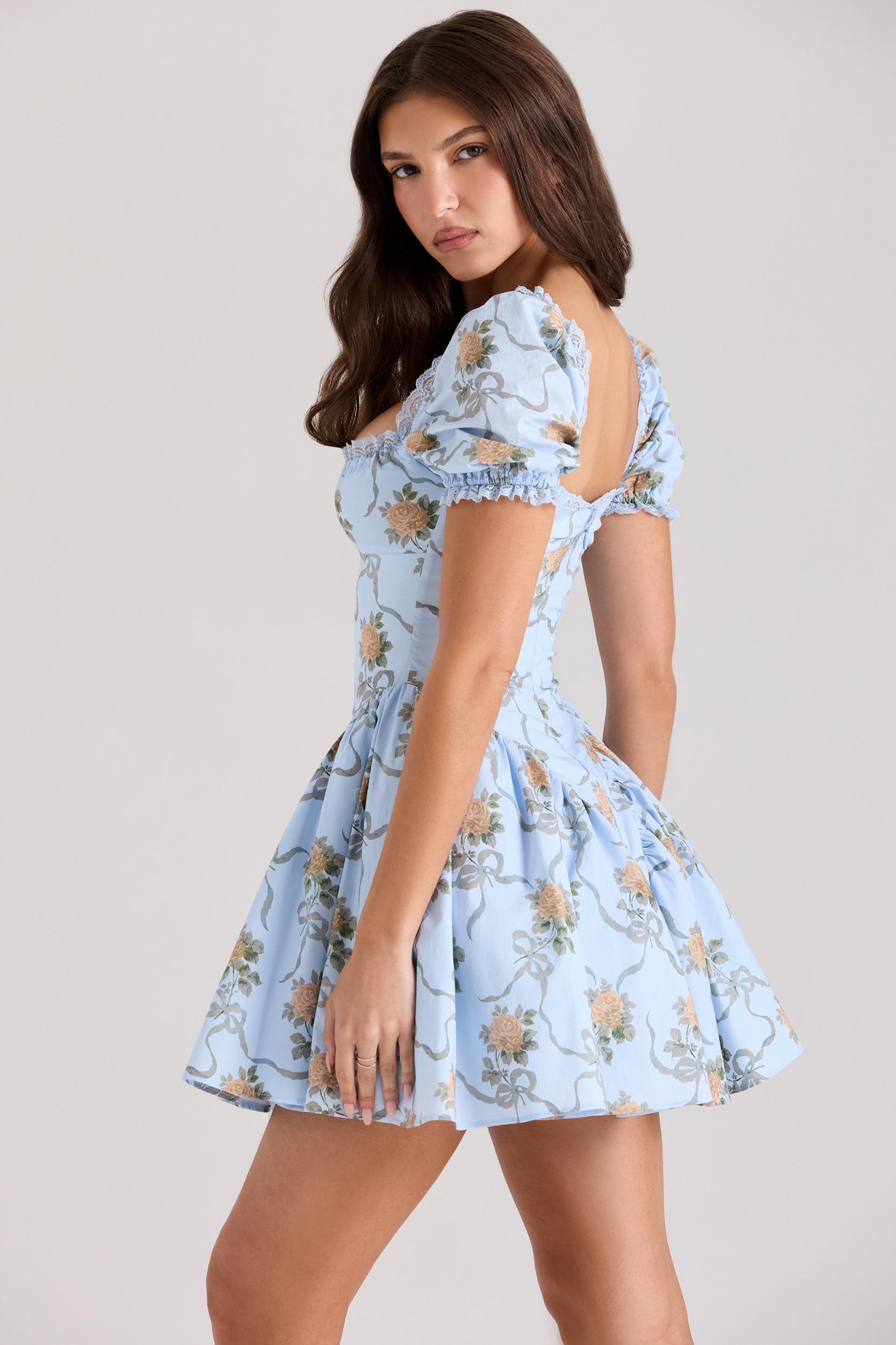 Rosie  blue rose print cotton mini dress Product Image