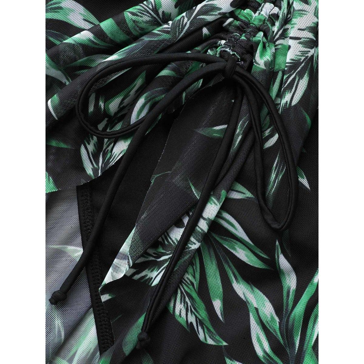 Plus Size Tropical Print Sheer Tied Swim Bottoms Women's Swimwear Truegreen Beach Drawstring High stretch Bodycon High Rise Curve Swim Bottoms BloomChic 18-20/2X Product Image