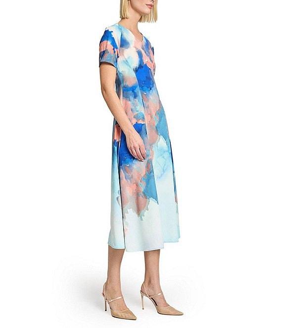 MISOOK Watercolor Crepe V-Neck Short Sleeve Midi Dress Product Image