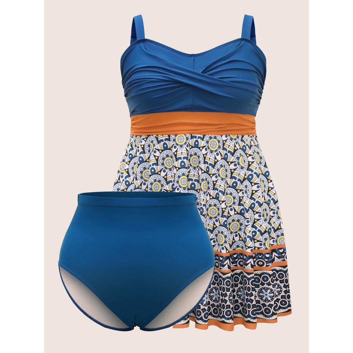 Plus Size Geometric Print Patchwork Twist Front Swim Dress Women's Swimwear Mediumblue Beach Bodycon Heart neckline High stretch Curve Swim Dresses BloomChic 14-16/1X Product Image