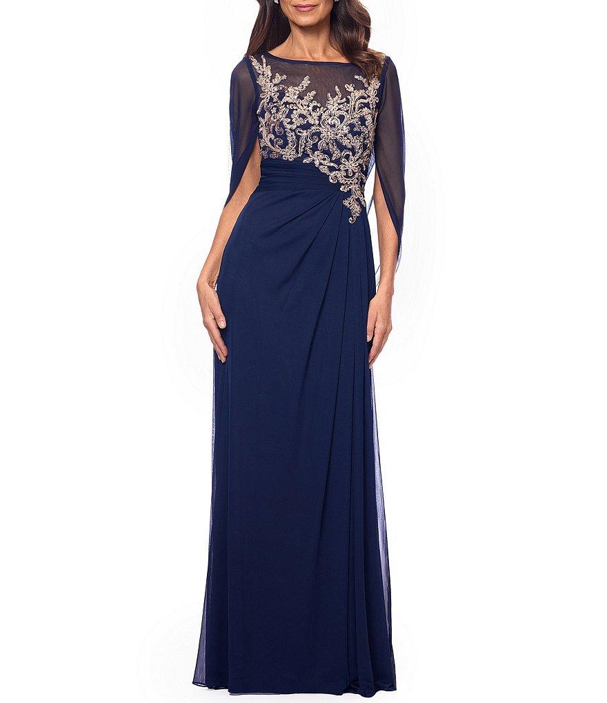 Betsy & Adam Petite Size Boat Neck Cap Sleeve Drape Back Chiffon Applique Sheath Gown Product Image