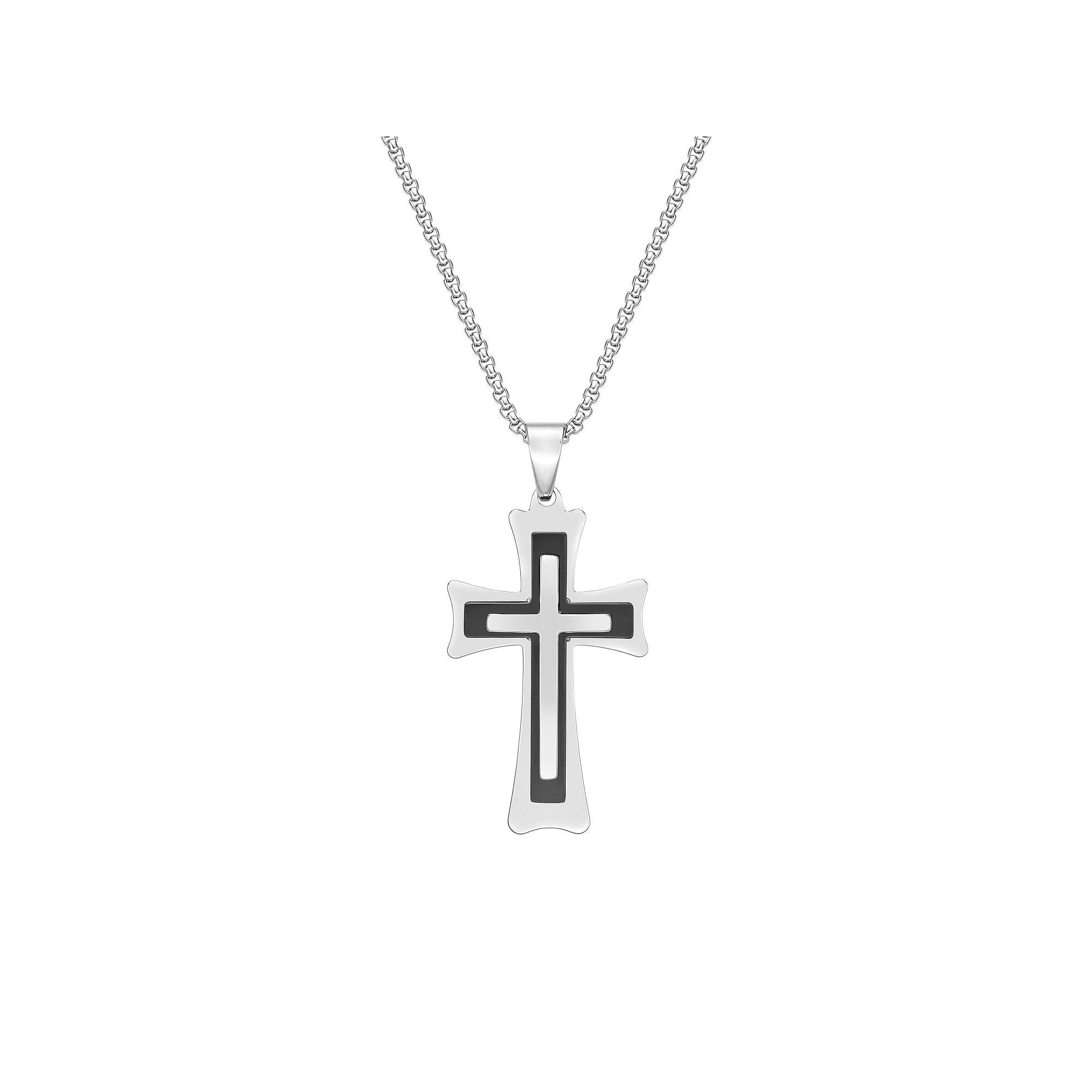 Men's LYNX Black Ion-Plated Stainless Steel 3 Layer Cross Pendant Necklace, Size: 22", Two Tone Product Image