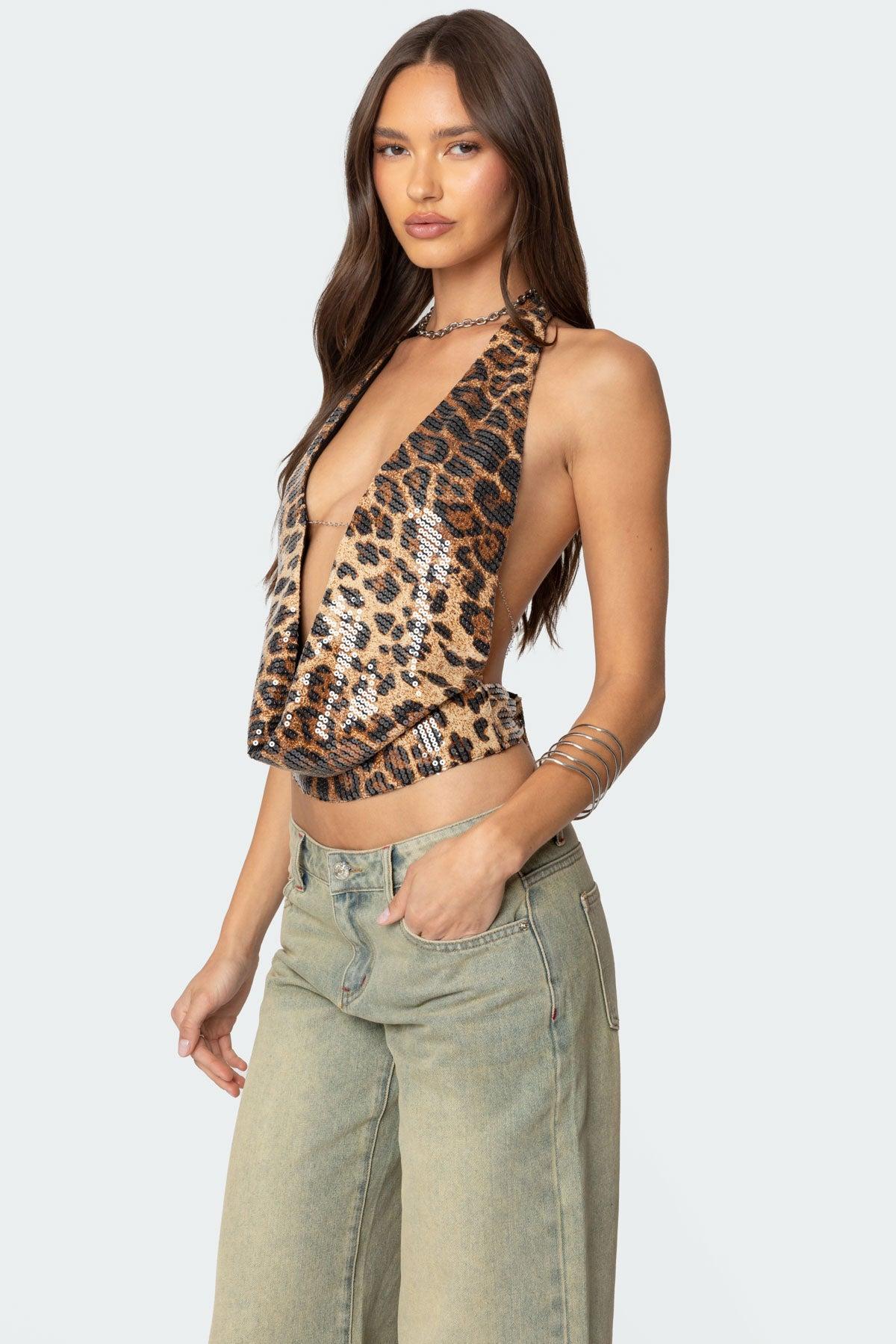 Sequin Leopard Printed Cowl Neck Top Product Image
