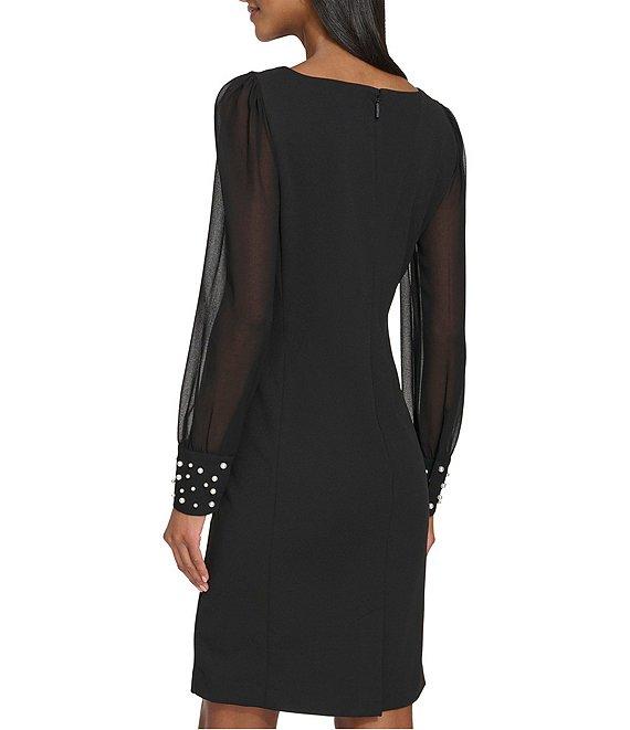 KARL LAGERFELD PARIS Scuba Crepe Crew Neck Chiffon Long Sleeve Pearl Cuff Sheath Mini Dress Product Image