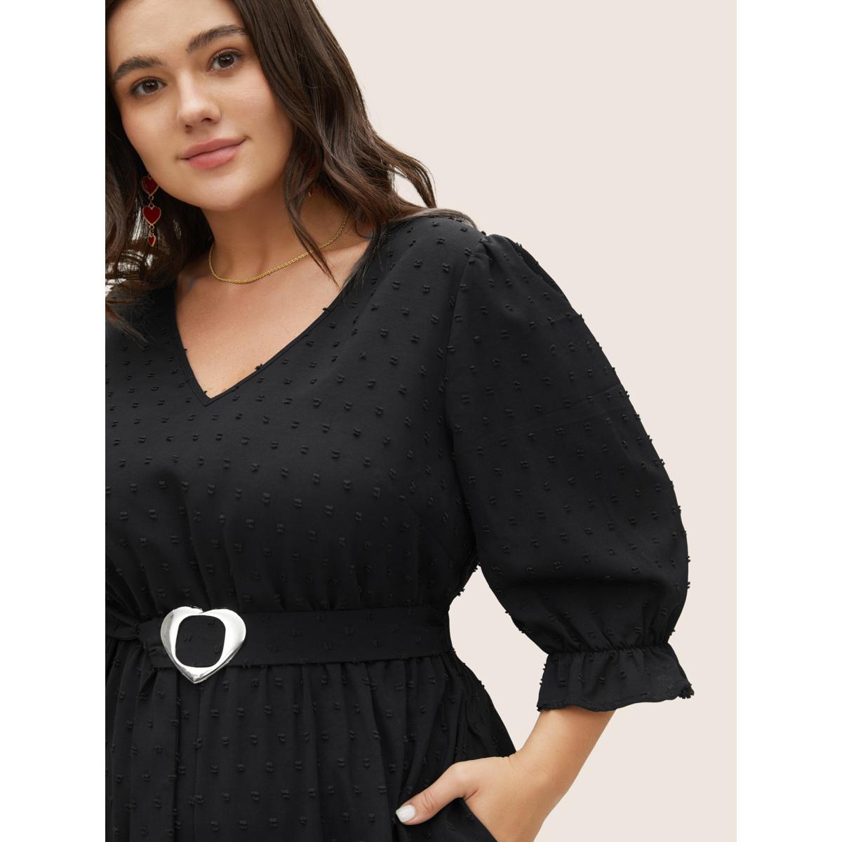 Plus Size Black Solid Texture Heart Buckle Detail Belted Jumpsuit Women Elegant Half Sleeve V-neck Everyday Loose Jumpsuits BloomChic 28/5X Product Image