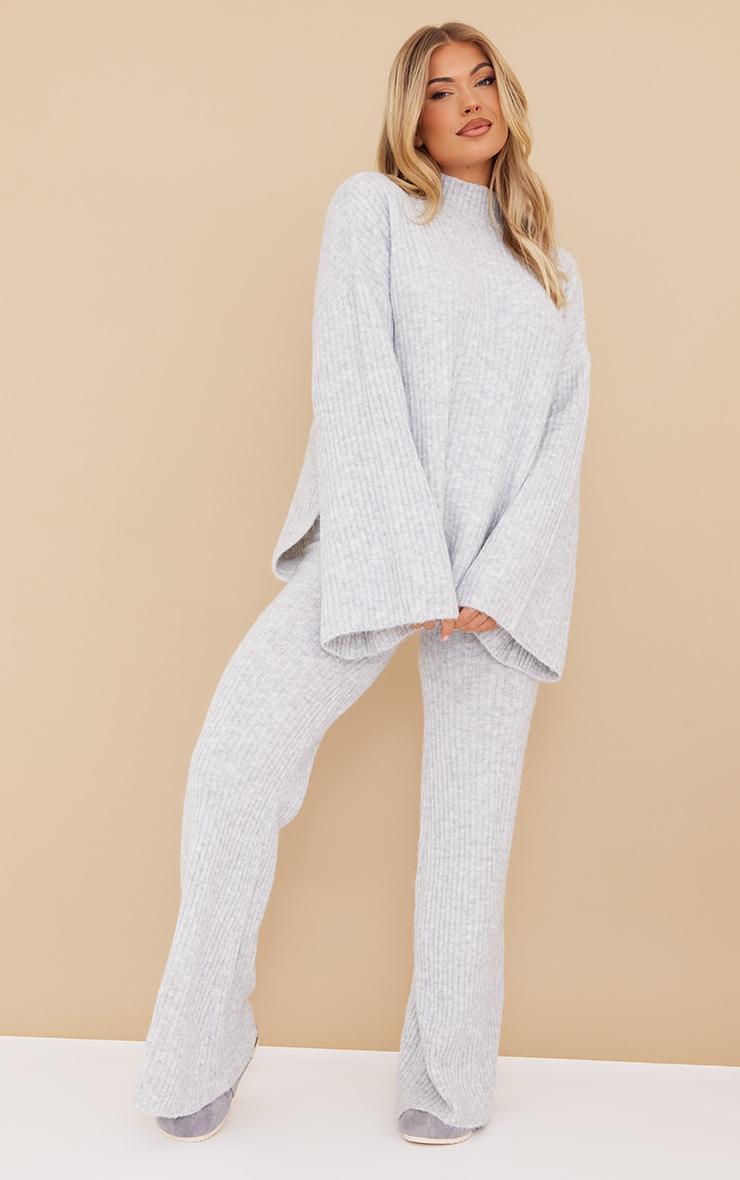 Grey Luxe Rib Knit Wide Leg Pants Product Image