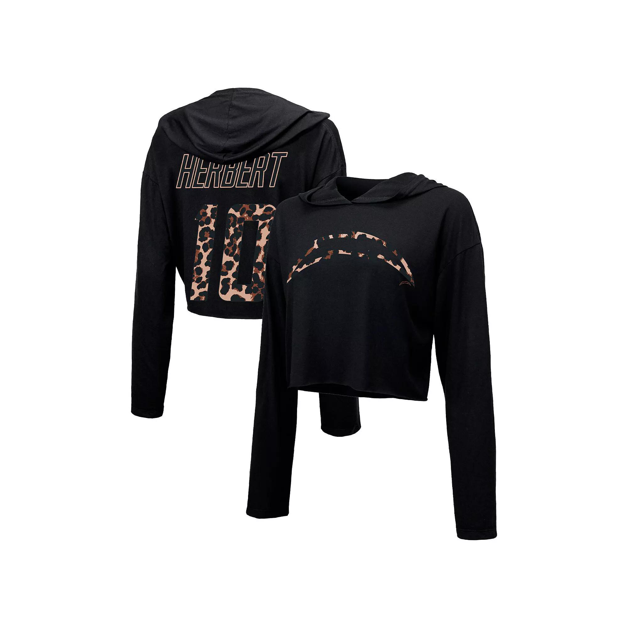Women's Majestic Threads Justin Herbert Black Los Angeles Chargers Leopard Player Name & Number Long Sleeve Cropped Hoodie,  Product Image