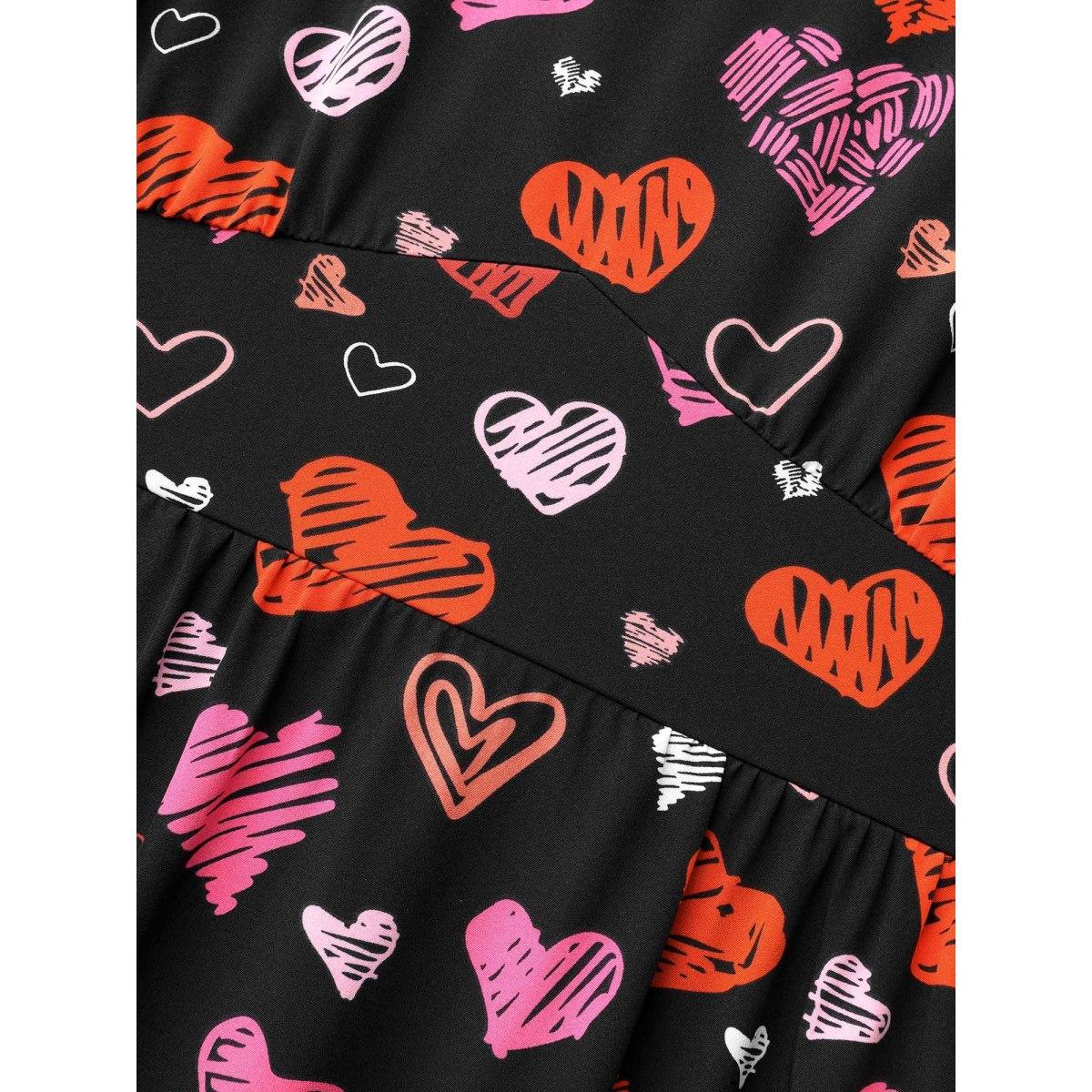 Plus Size Heart Print Ruched Stretchy Waist Dress Black Women Timeless Gathered Heart neckline Short sleeve Curvy BloomChic 28/5X Product Image