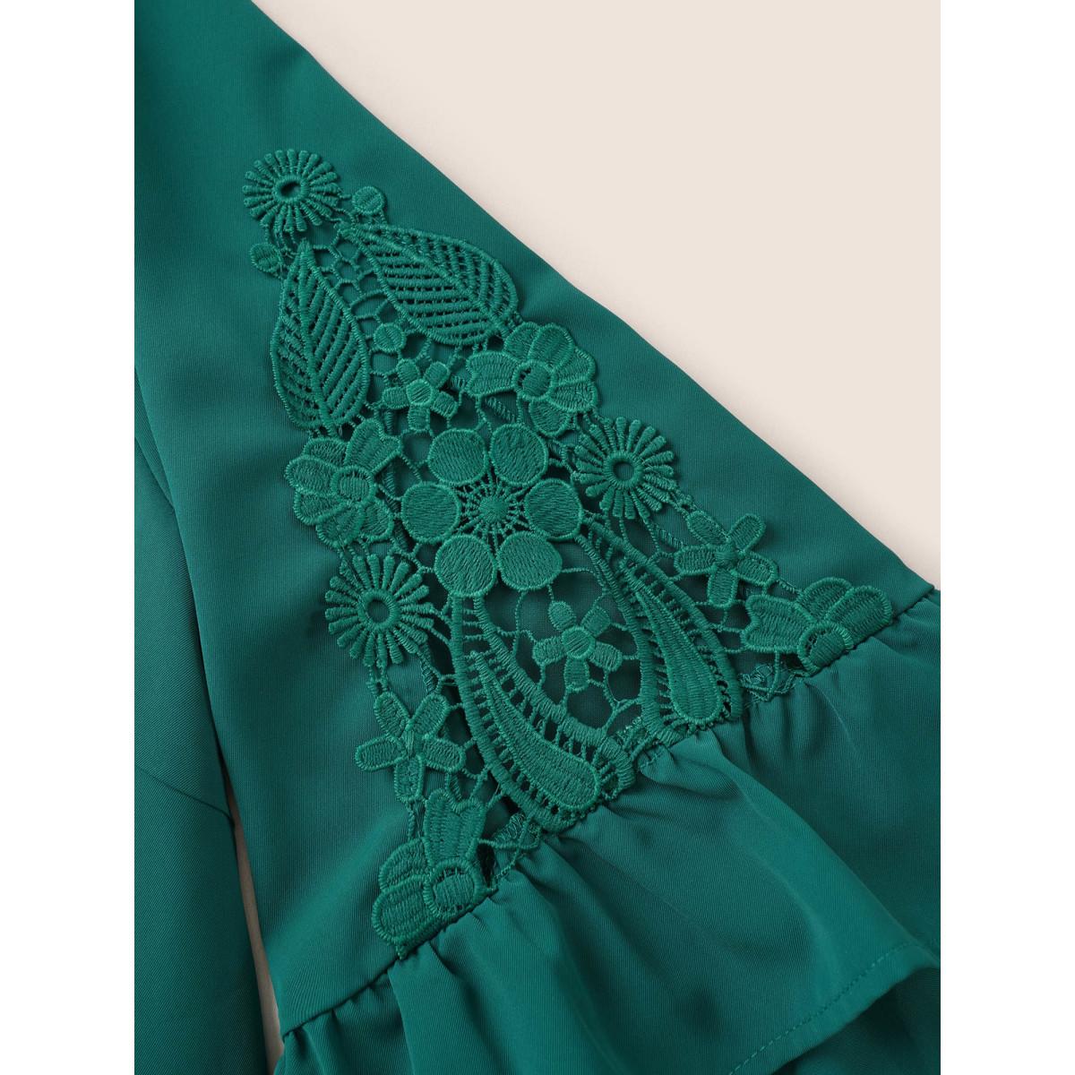 Plus Size Emerald Solid Guipure Lace Patchwork Ruffles Blouse Women Elegant Elbow-length sleeve V-neck Everyday Blouses BloomChic 18-20/2X Product Image