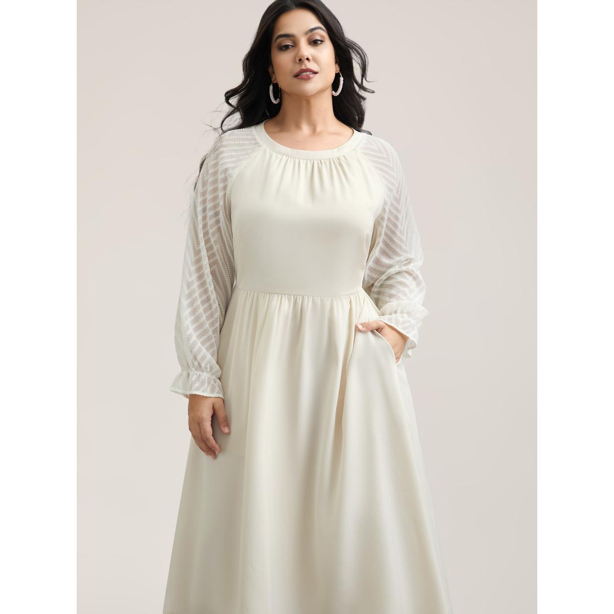 Plus Size Stretchy-Waist Pockets Plain Textured Midi Dress Beige Women Elegant Texture Round Neck Long Sleeve Curvy BloomChic 28/5X Product Image