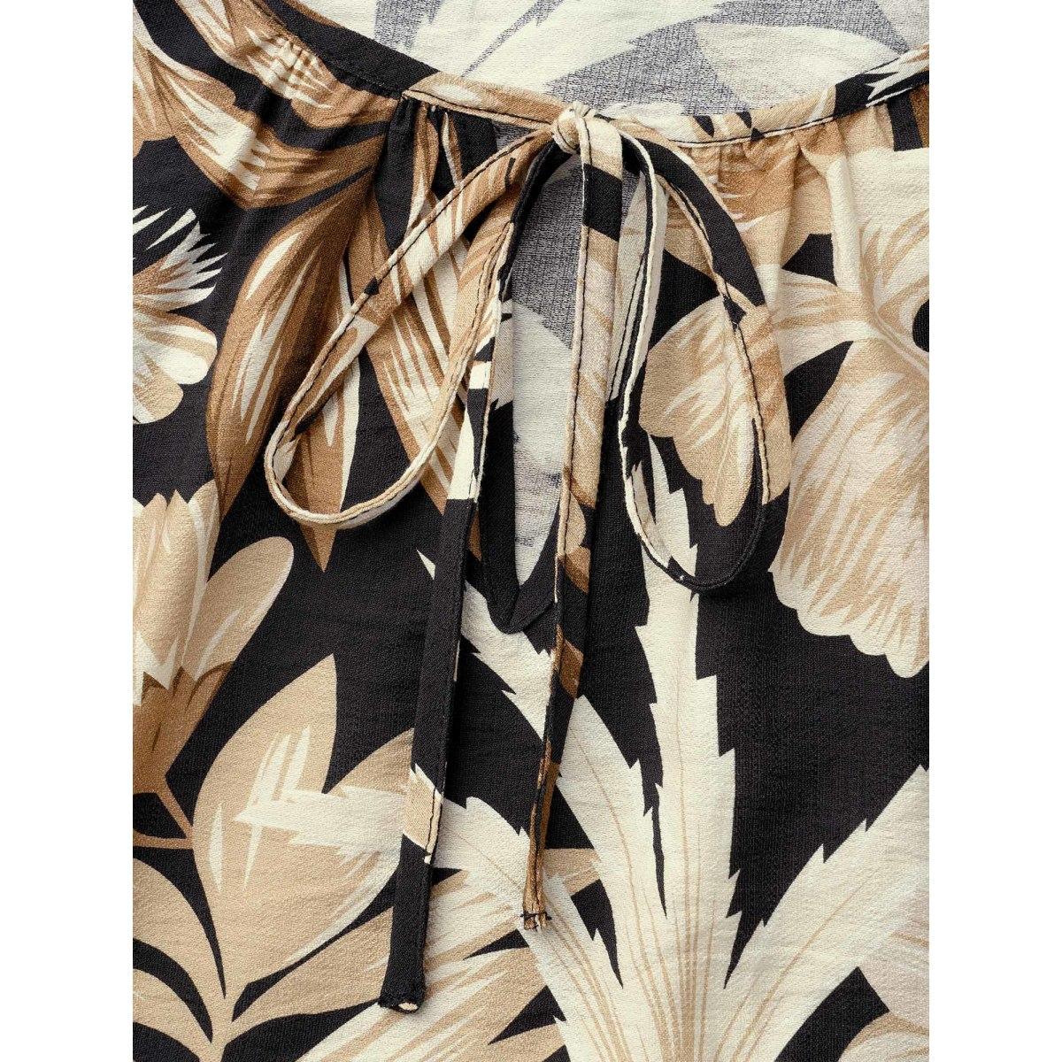 Plus Size Tropical Leaf Print Neck-Tie Tiered Midi Dress Black Women Resort Tie knot Round Neck Elbow-length sleeve Curvy BloomChic 14-16/1X Product Image