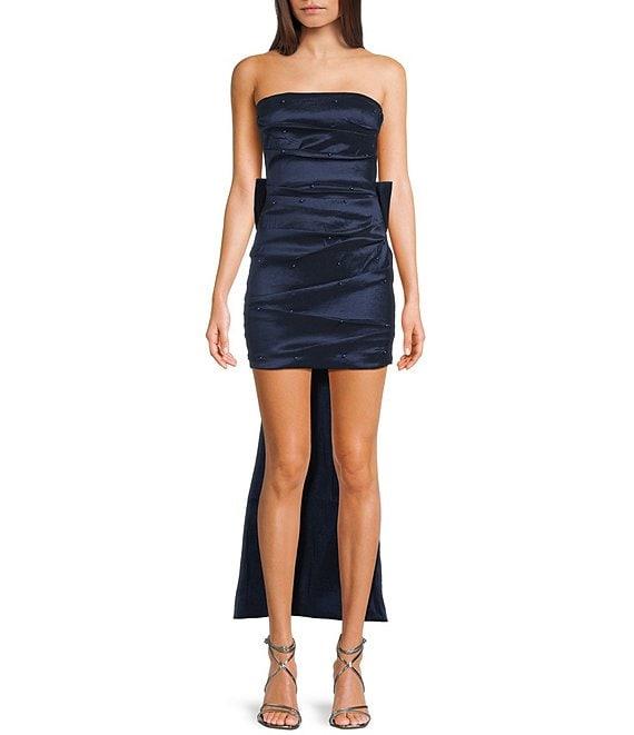 Allison & Kelly Strapless Pearl Taffeta Bow Back Mini Train Dress Product Image