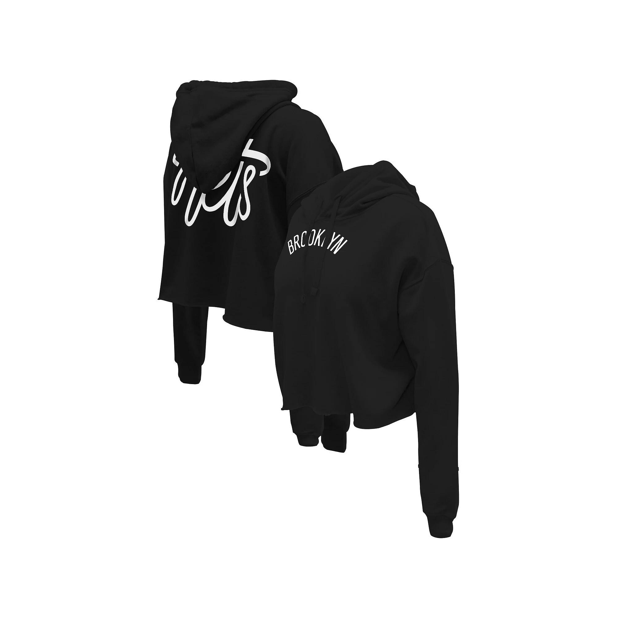 Women's Stadium Essentials Black Brooklyn Nets Origins Script Cropped Pullover Hoodie,  Product Image