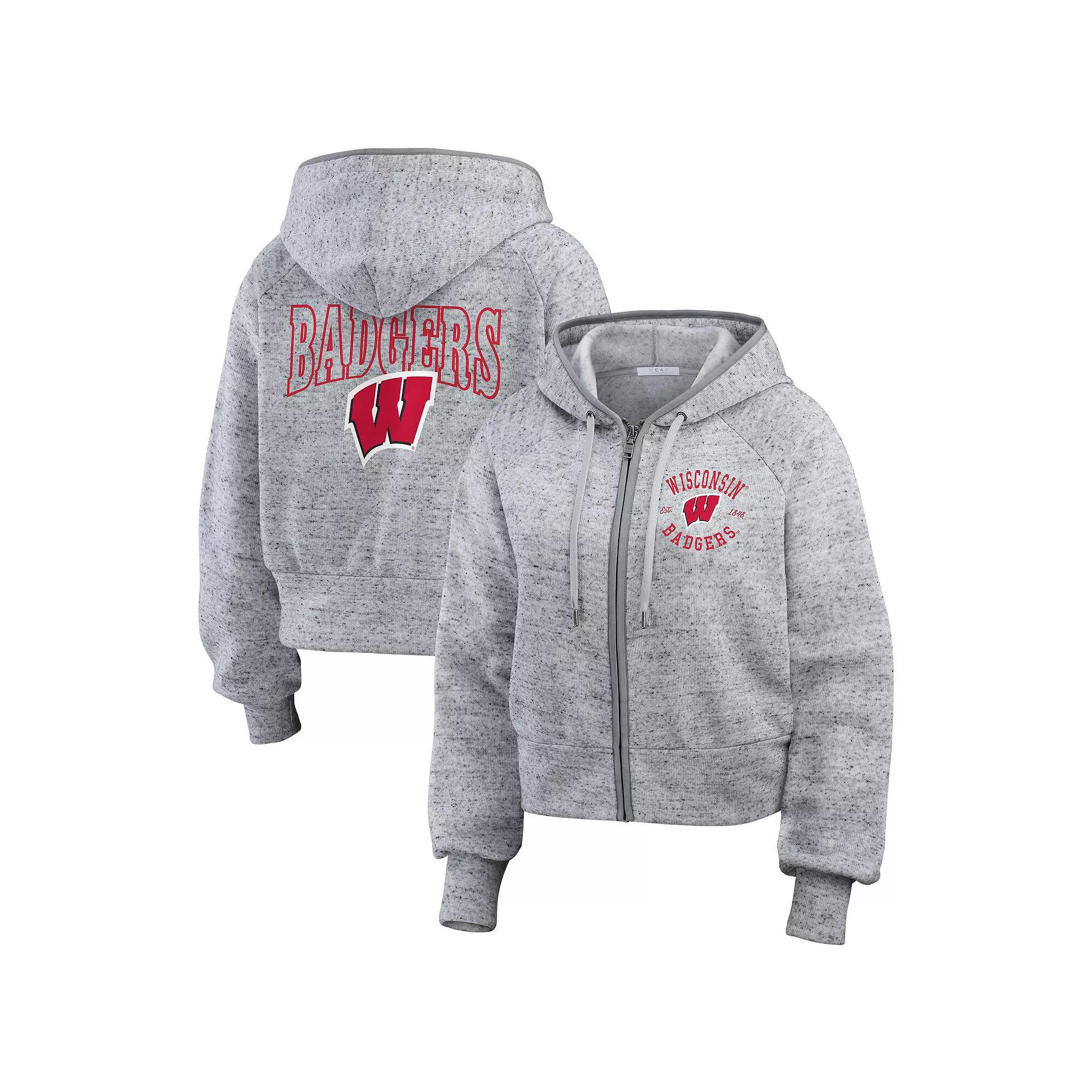 Women's WEAR by Erin Andrews Heather Gray Wisconsin Badgers Wear Speckle Double-Hit Raglan Full-Zip Hoodie,  Product Image