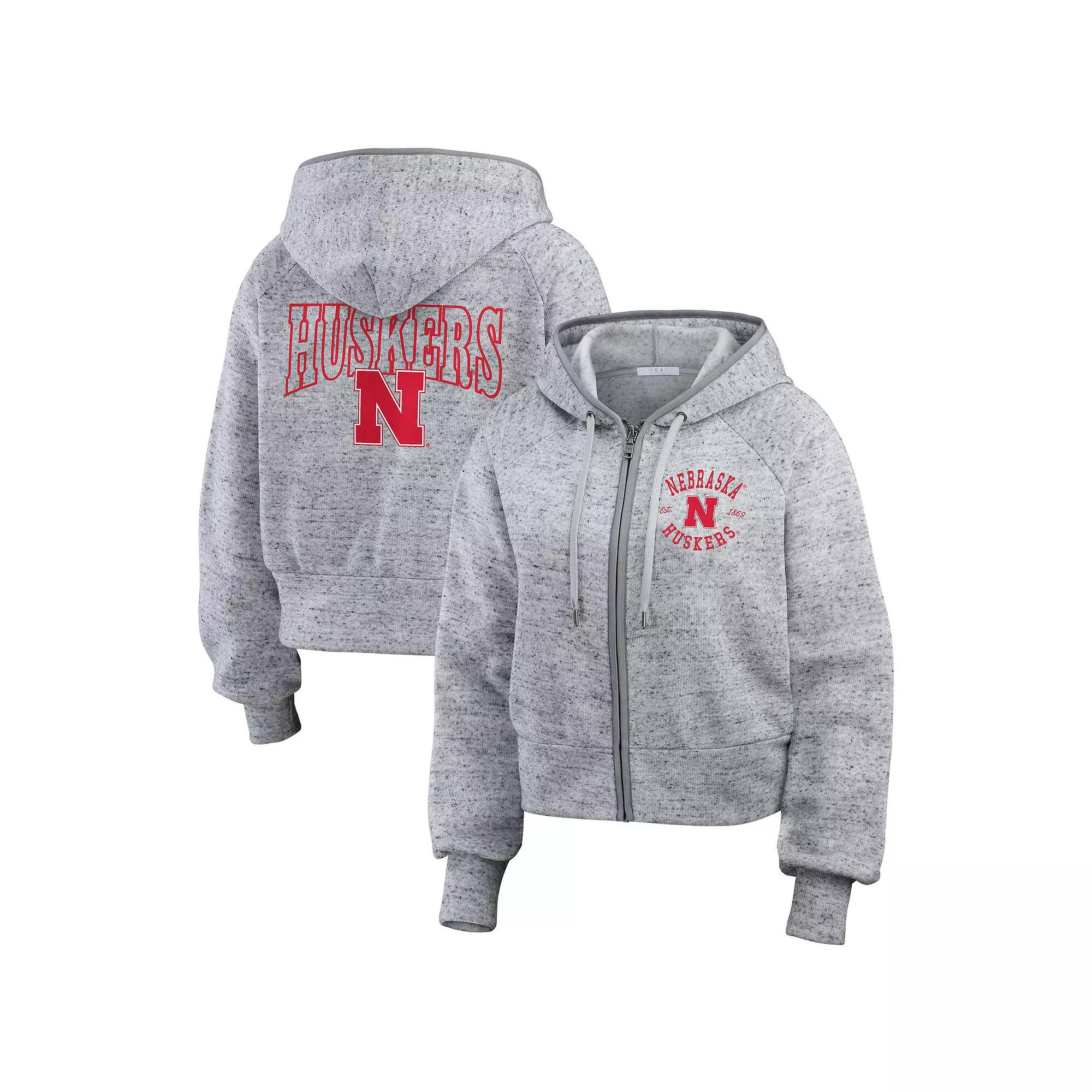 Women's WEAR by Erin Andrews Heather Gray Nebraska Huskers Wear Speckle Double-Hit Raglan Full-Zip Hoodie,  Product Image