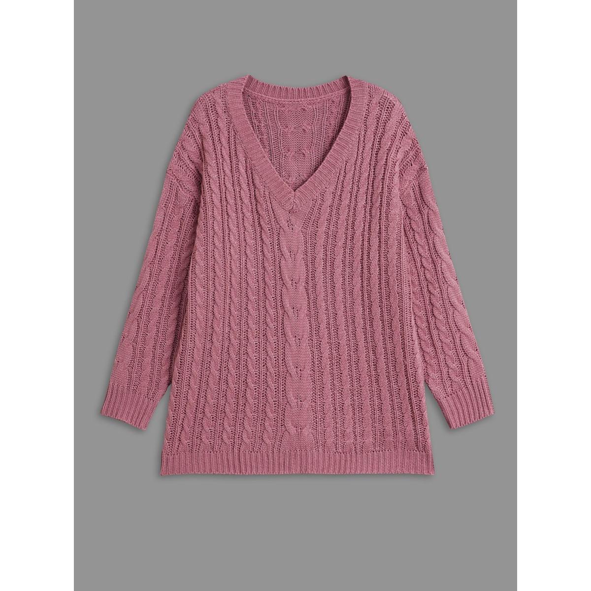 Plus Size V Neck Texture Cable Knit Pullover DustyPink Women Casual Loose Long Sleeve V-neck Everyday Pullovers BloomChic 26/4X Product Image