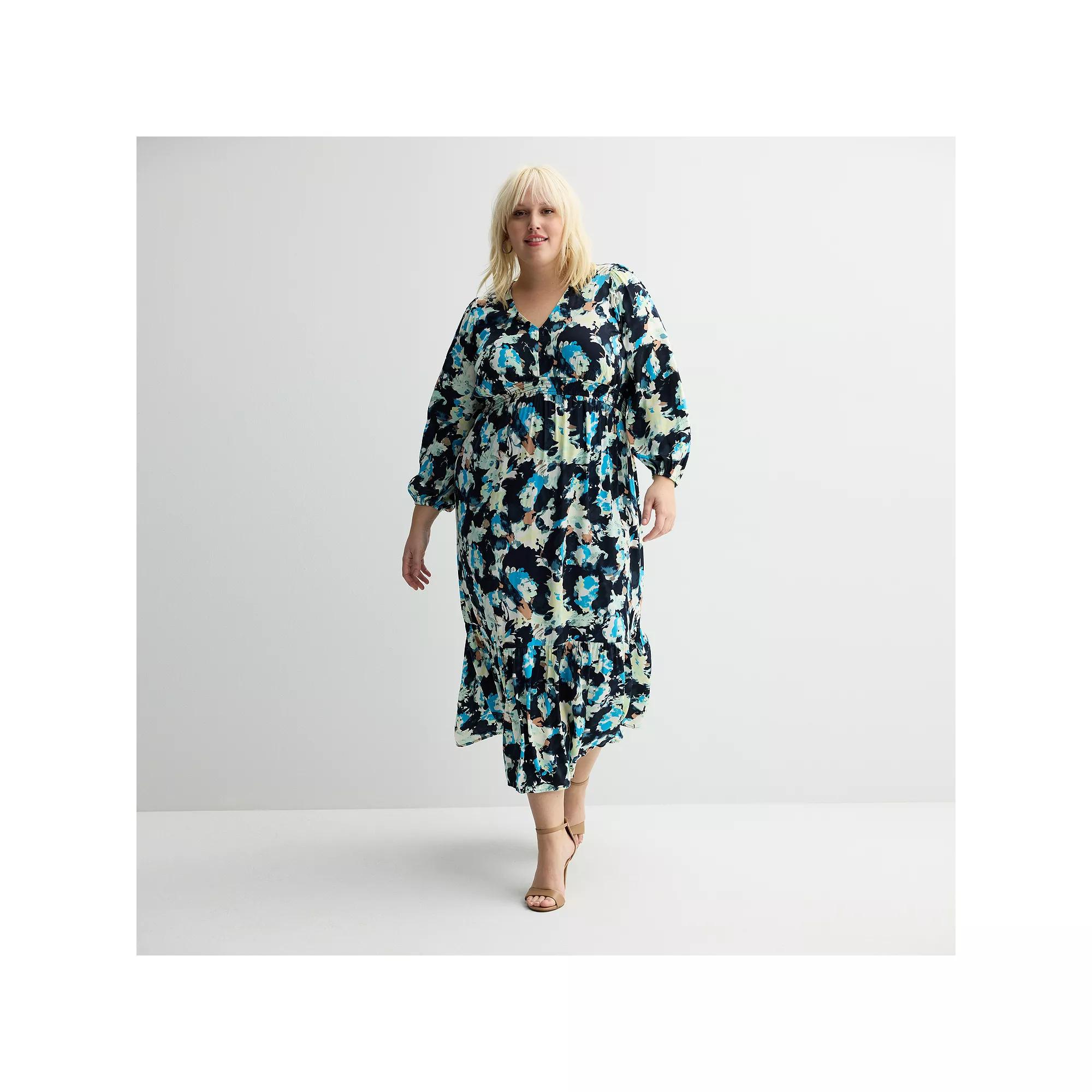 Plus Size Nine West V-Neck Midi Dress, Women's, Size: 2XL, Blue Abstract Flora Product Image