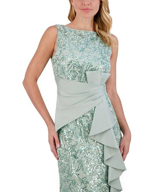 Eliza J Sequin Lace Boat Neck Sleeveless Ruffle Front Slit Gown Product Image