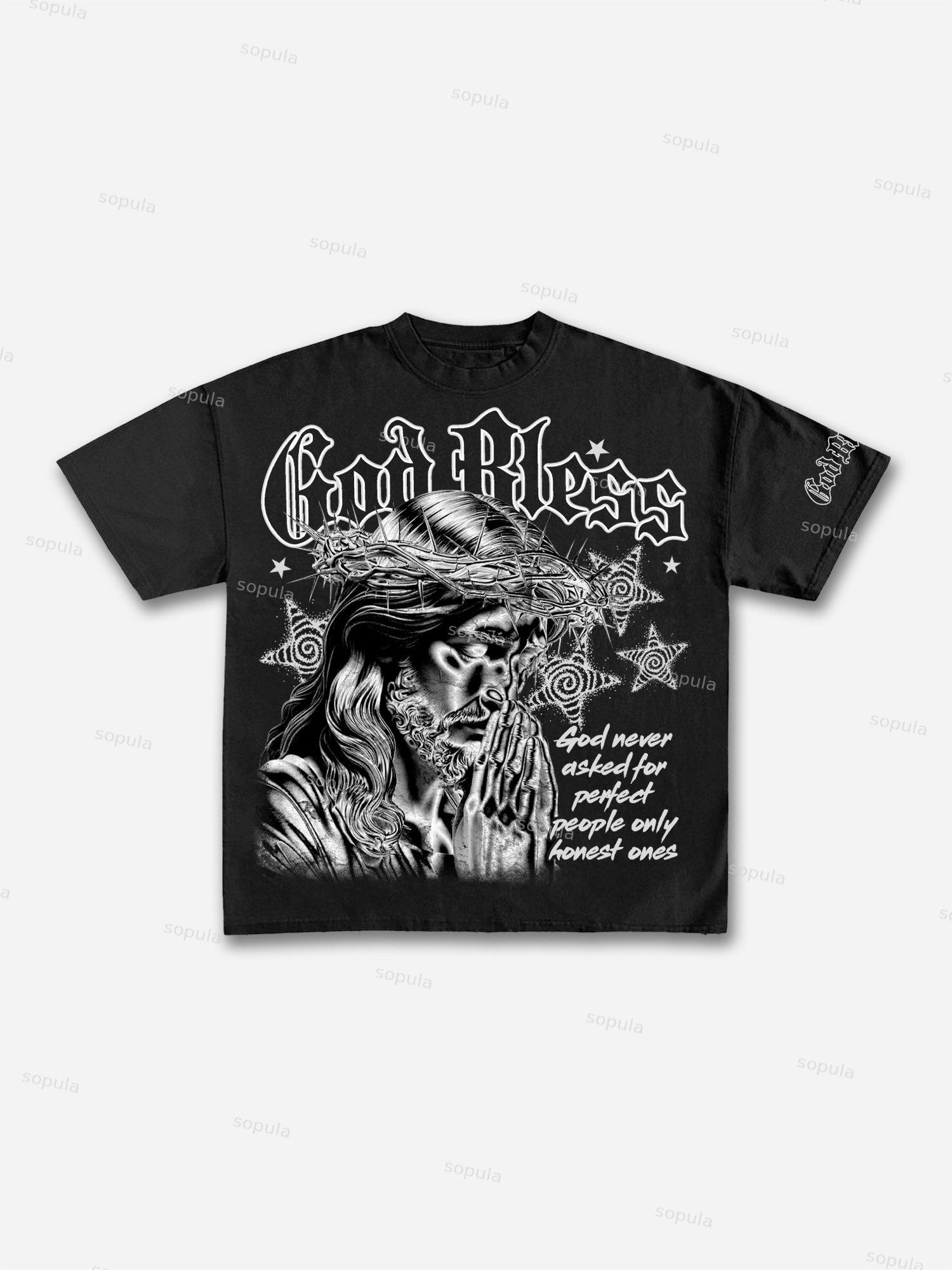 God Bless Silver Jesus Vintage Graphic Cotton T-shirt Product Image