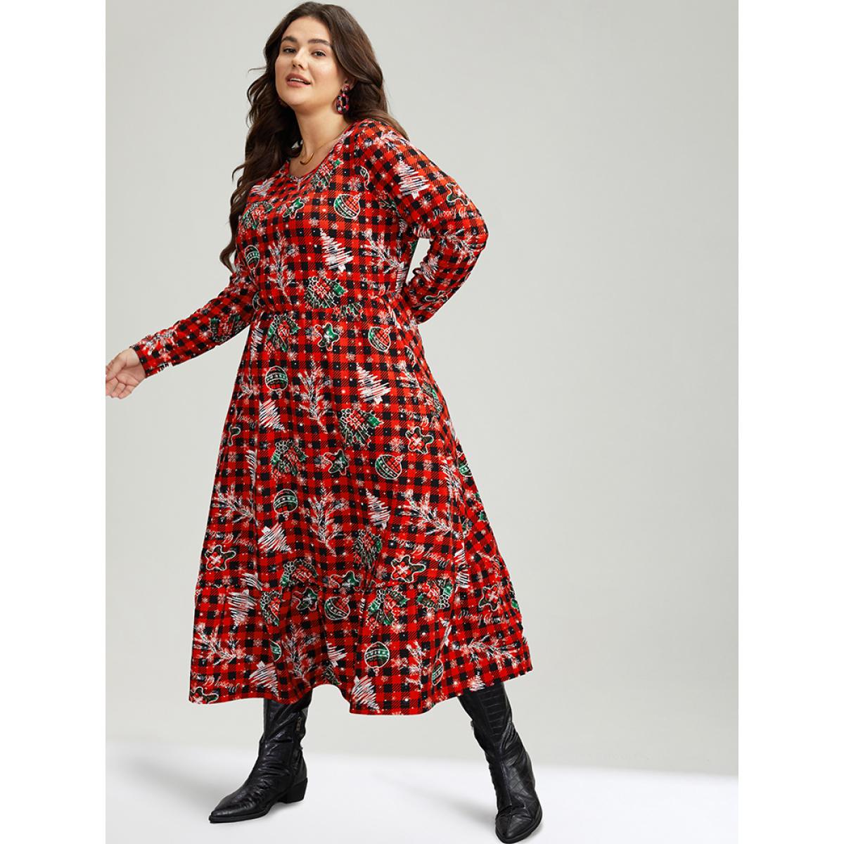 Plus Size Gingham Crew Neck Pocket Elastic Waist Dress Red Women Casual Printed Round Neck Long Sleeve Curvy Midi Dress BloomChic 10/M Product Image