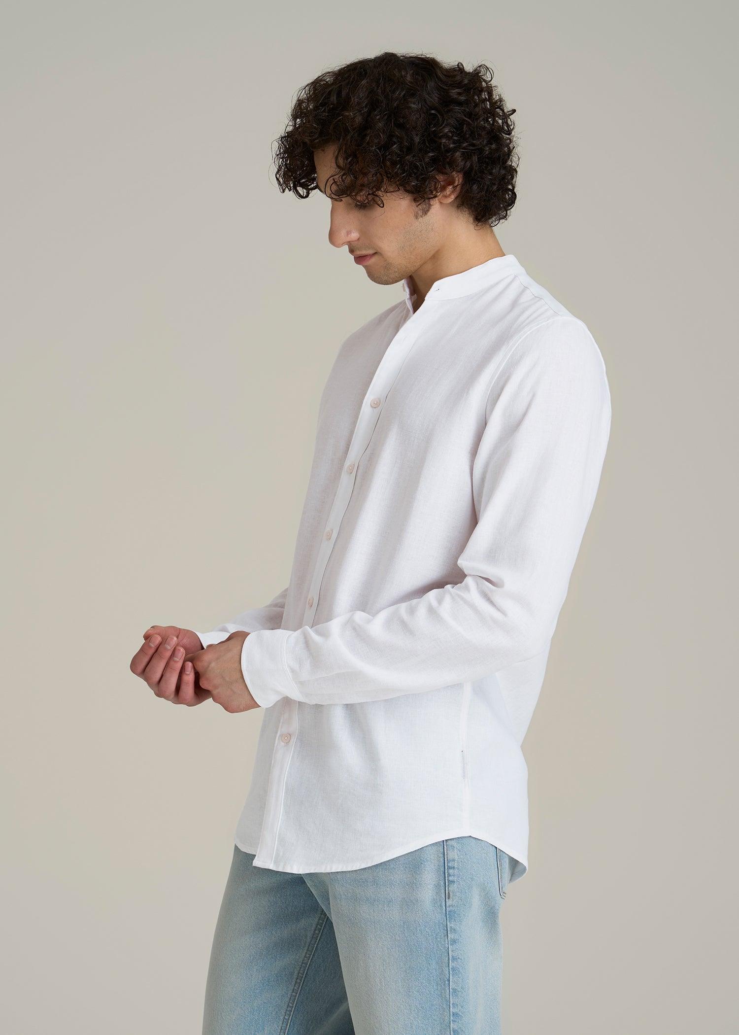 Band Collar Linen Button Shirt for Tall Men in Optic White Male Product Image